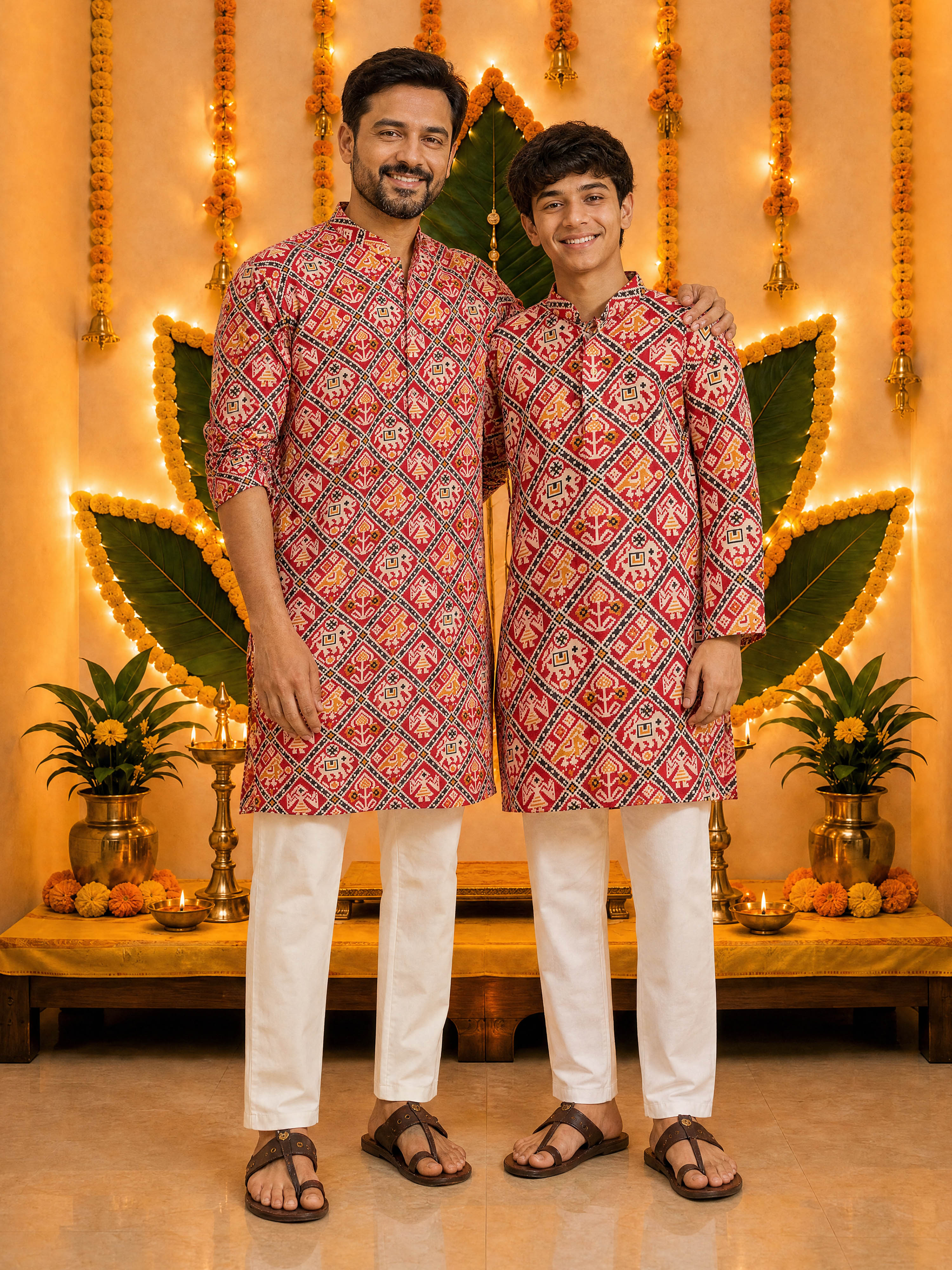 Boys's Red Cotton Ikkat Thigh Length Kurta And Pyjama Set