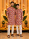 Boys's Red Cotton Ikkat Thigh Length Kurta And Pyjama Set