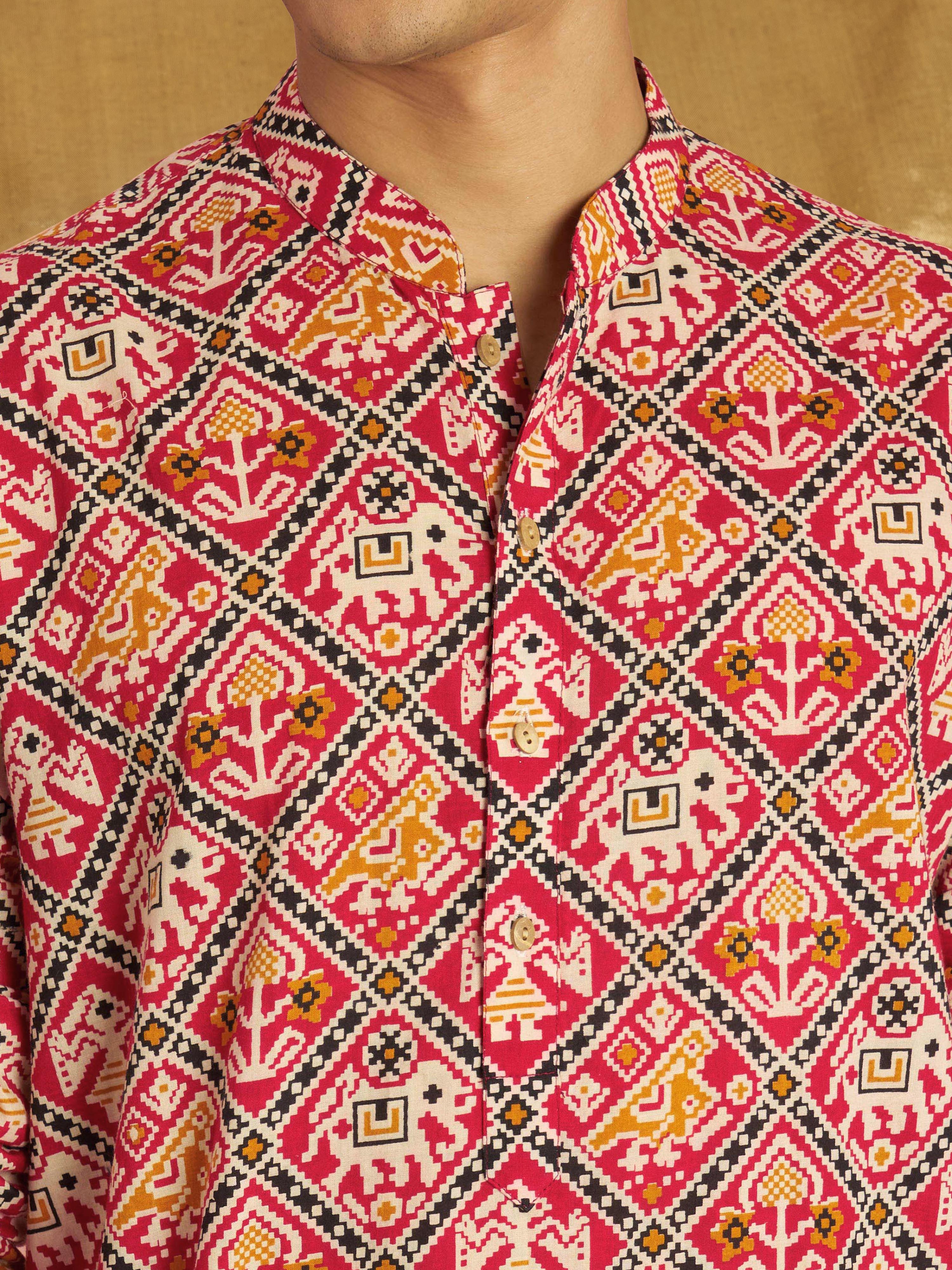 Men's Red Patola Printed Kurta Rakhi Gift Box for Brother | Includes Rakhi & Gift Box