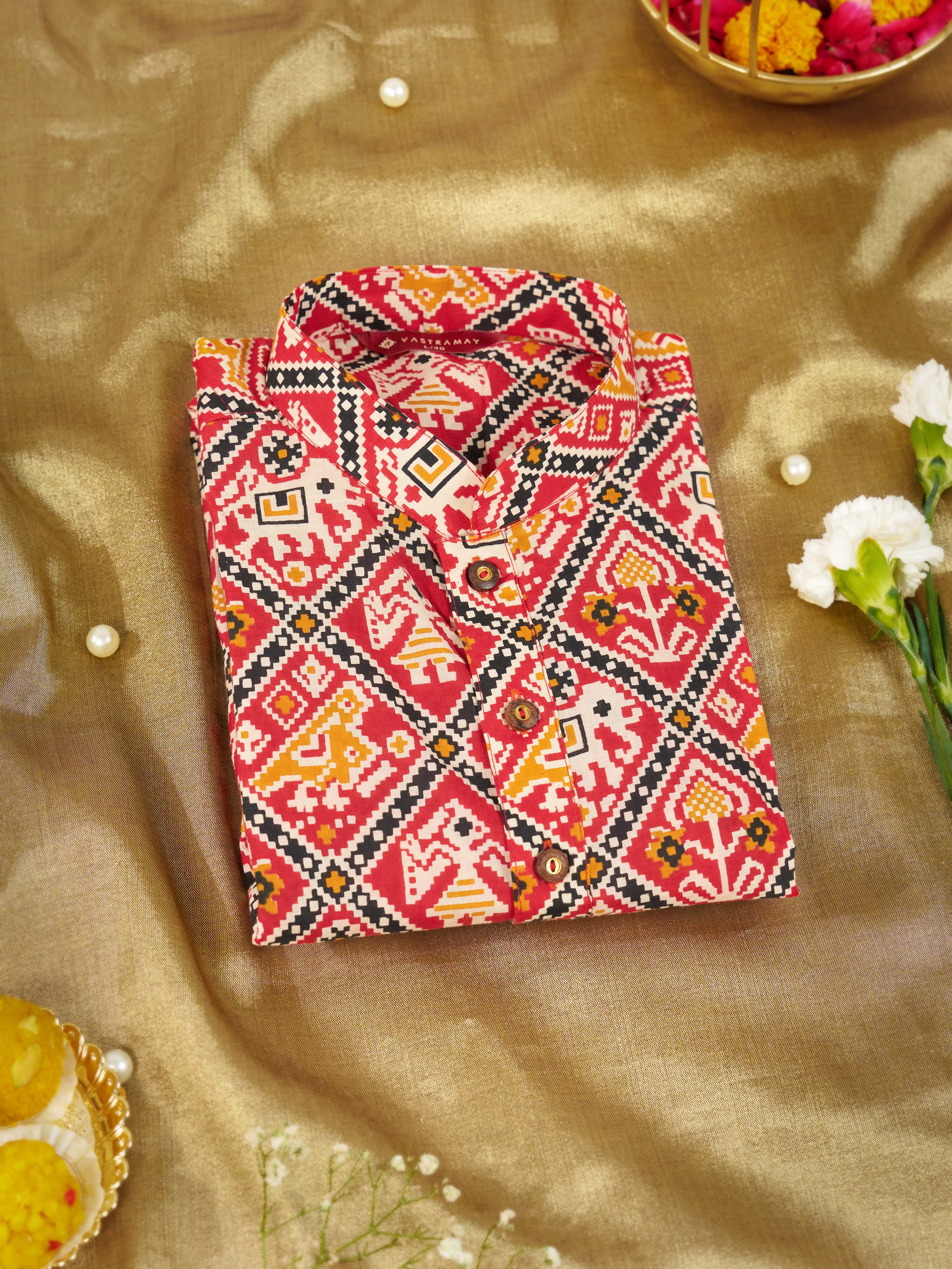 Men's Red Patola Printed Kurta Rakhi Gift Box for Brother | Includes Rakhi & Gift Box
