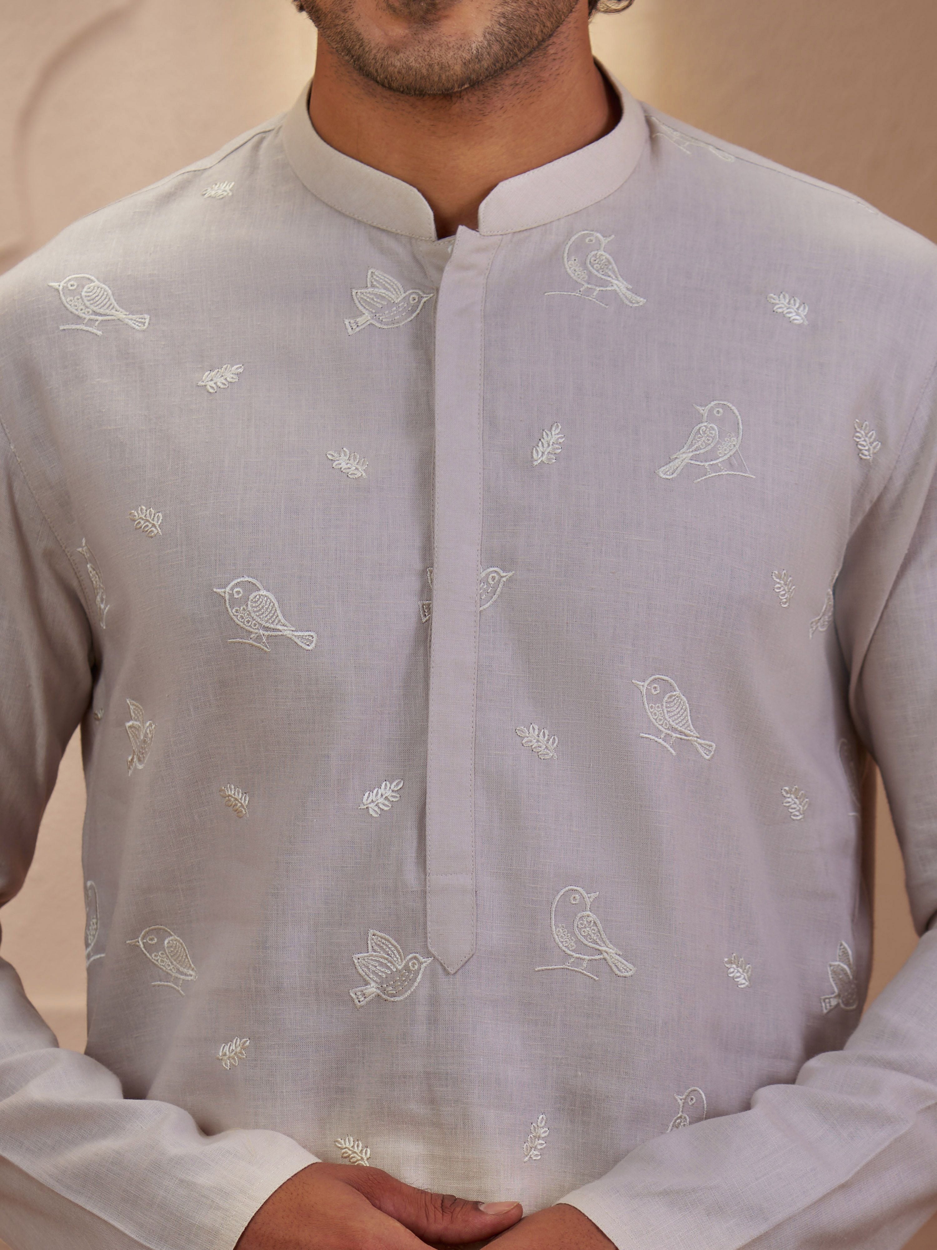 Men's Beige Woven Fabric Embroidered Thigh Length Thigh Length Kurta