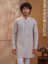 Men's Beige Woven Fabric Embroidered Thigh Length Thigh Length Kurta
