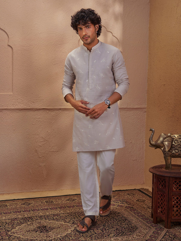 Chiku Cotton Embroidered Kurta Pyjama Set for Men