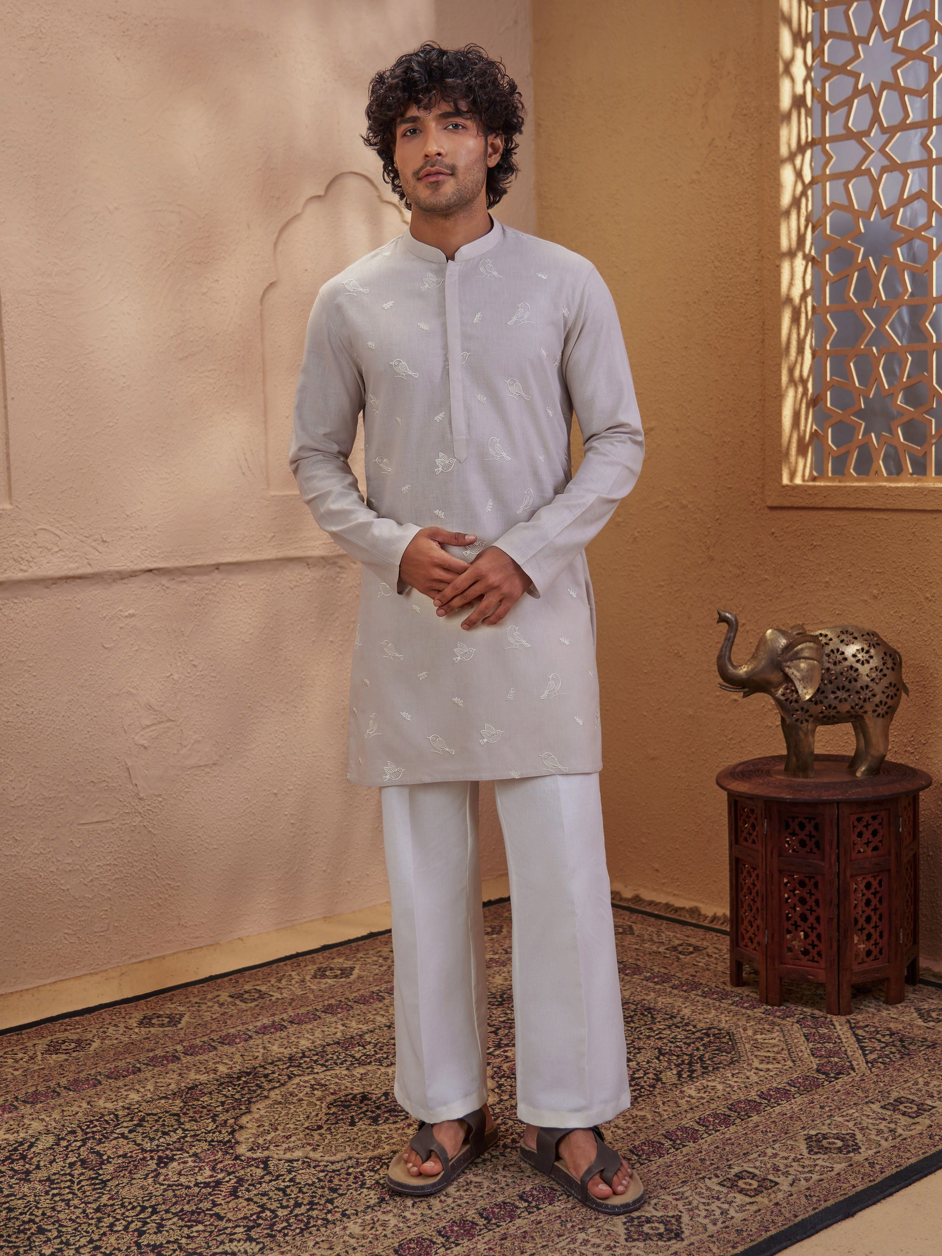 Men's Beige Woven Fabric Embroidered Thigh Length Kurta With Wide Leg Pant