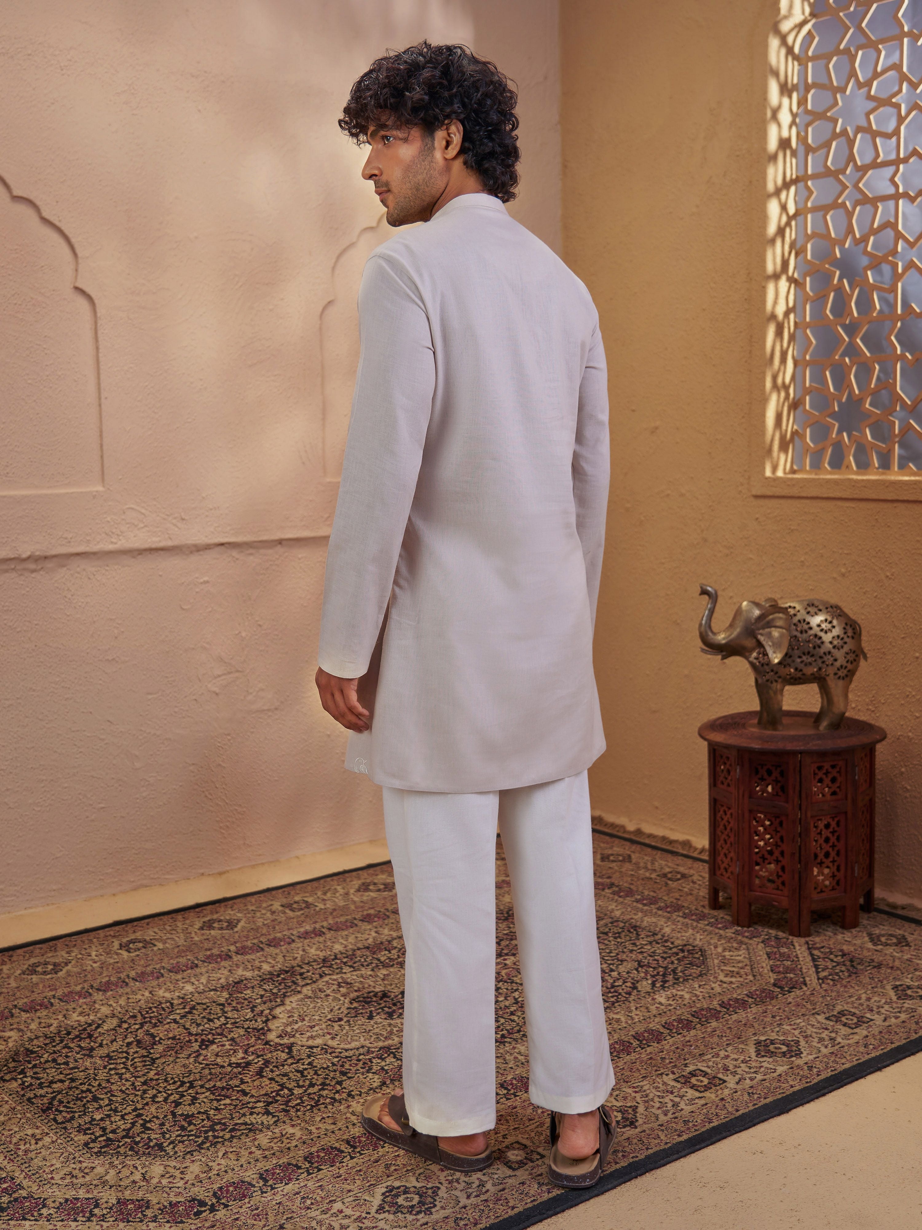 Men's Beige Woven Fabric Embroidered Thigh Length Kurta With Wide Leg Pant