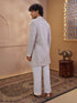 Men's Beige Woven Fabric Embroidered Thigh Length Kurta With Wide Leg Pant