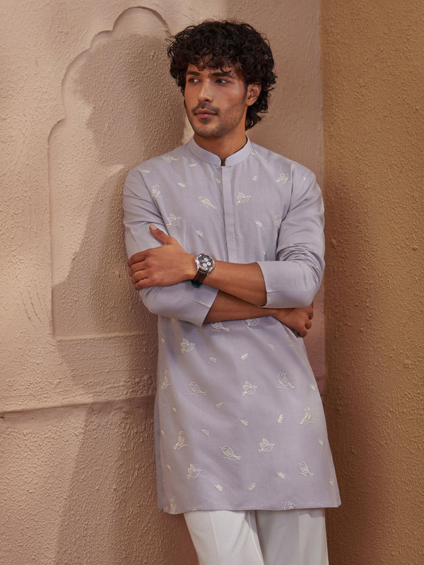 Men Grey Embroidered Mandarin Collar Thigh Length Kurta