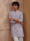 Men Grey Embroidered Mandarin Collar Thigh Length Kurta
