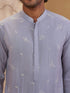 Men's Grey Woven Fabric Embroidered Thigh Length Kurta