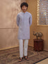 Men's Grey Cotton Embroidered Thigh Length Kurta With Pyjama