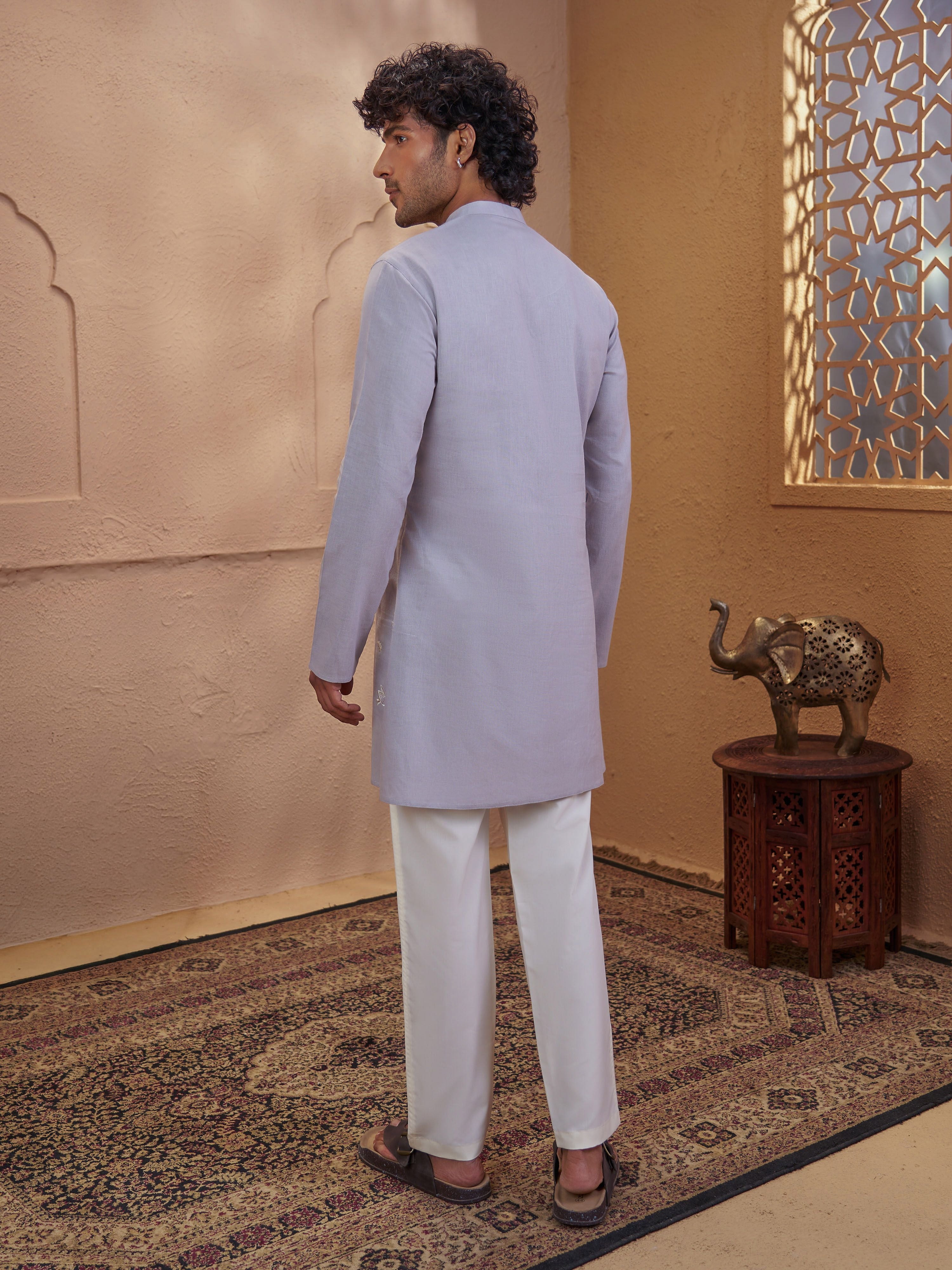 Men's Grey Cotton Embroidered Thigh Length Kurta With Pyjama