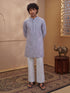 Men's Grey Woven Fabric Embroidered Thigh Length Kurta With Wide Leg Pant