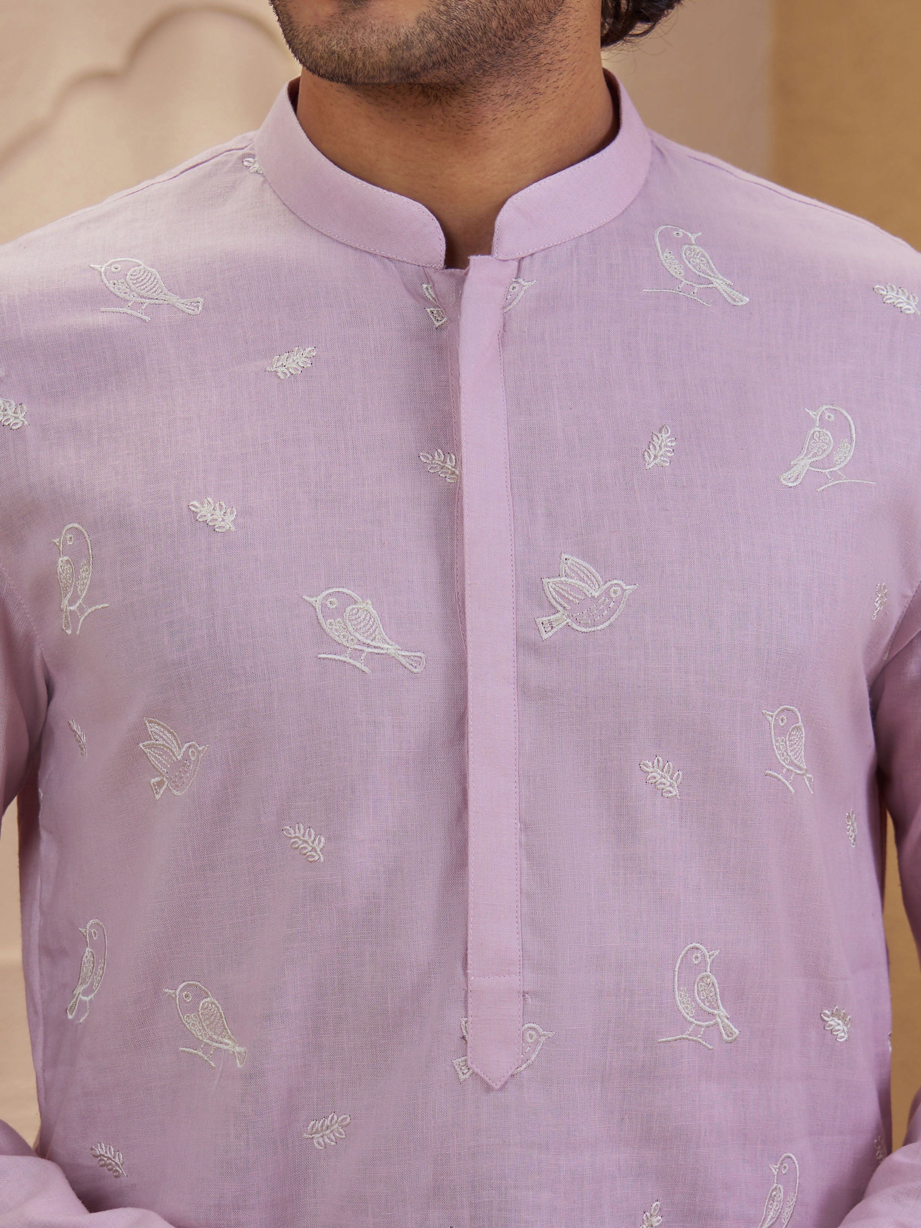Men's Light Pink Woven Fabric Embroidered Thigh Length Kurta