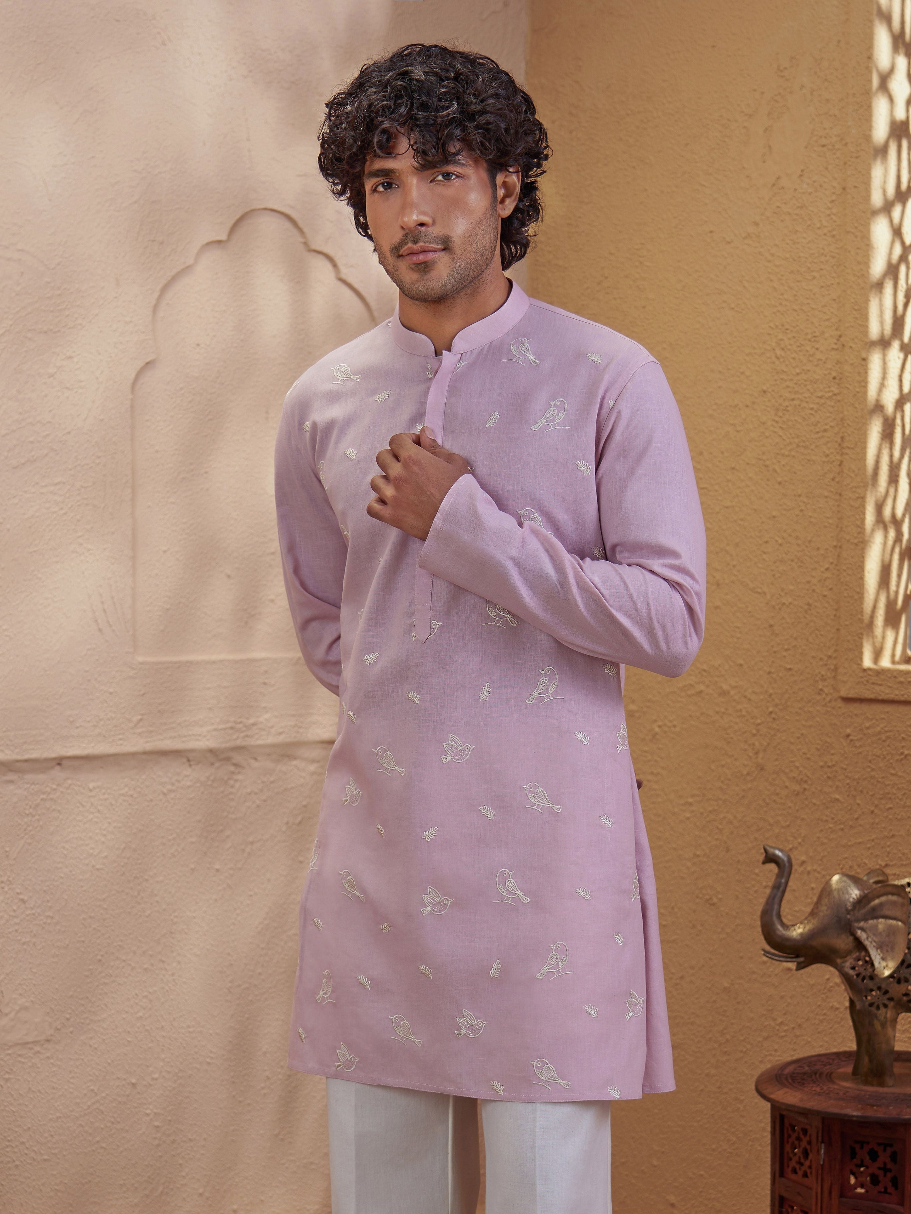 Men's Light Pink Woven Fabric Embroidered Thigh Length Kurta