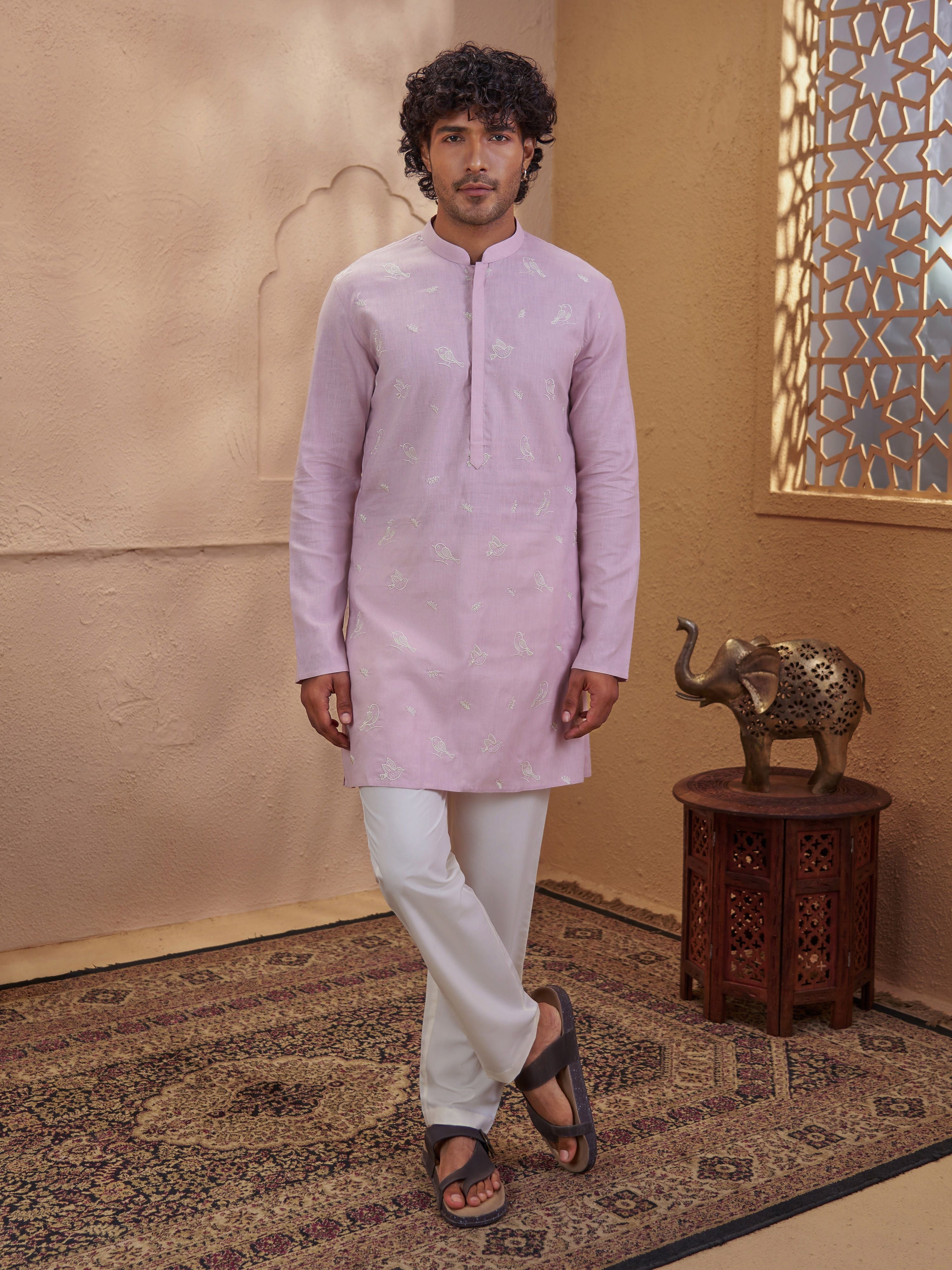 Men's Light Pink Cotton Embroidered Thigh Length Kurta With Pyjama