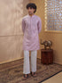 Men's Pink Synthetic Embroidered Thigh Length Kurta With Wide Leg Pant