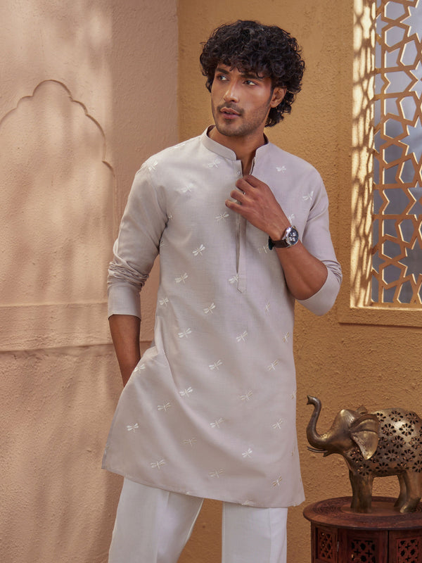 Men Chiku Embroidered Straight Kurta with Mandarin Collar