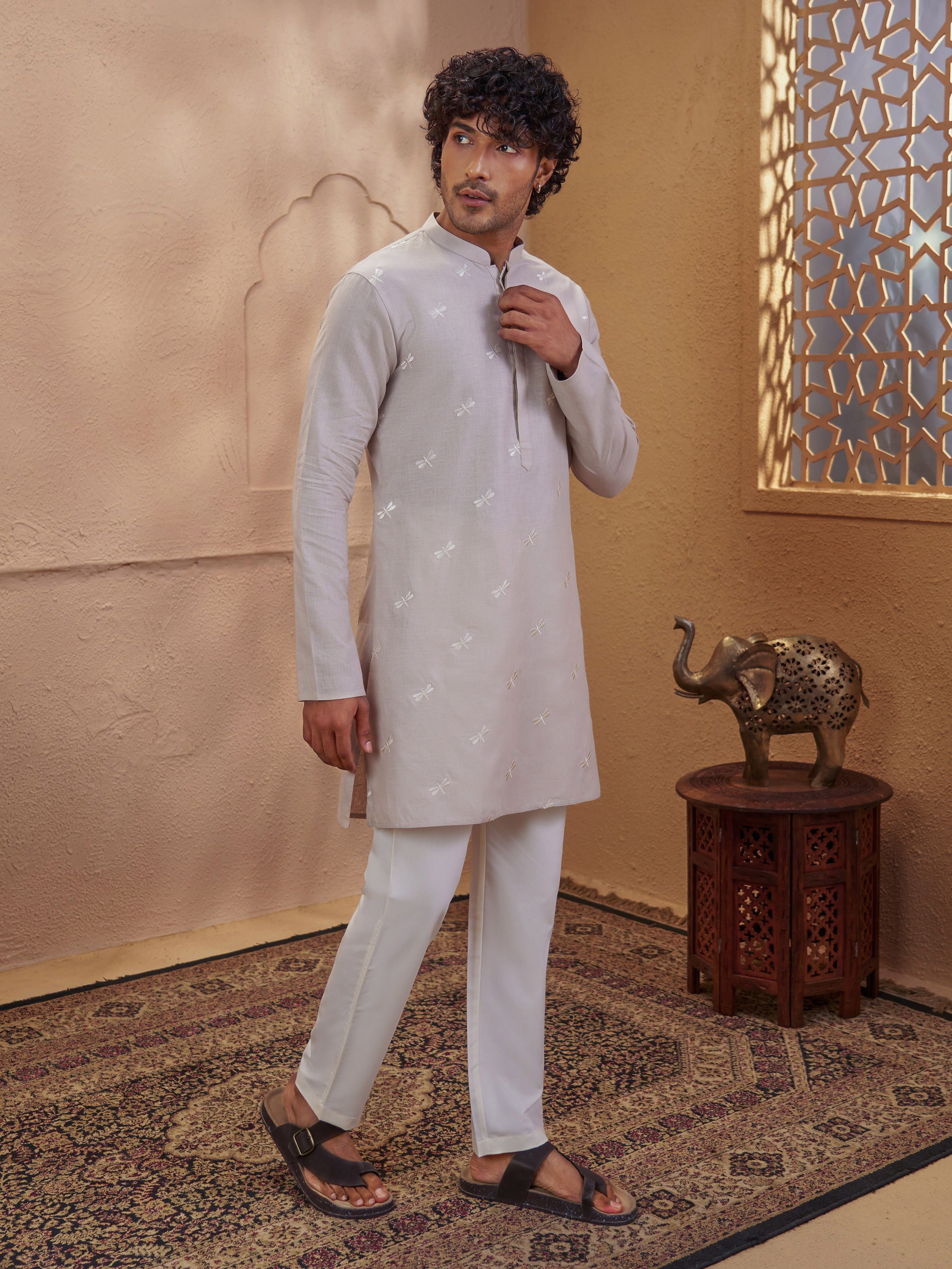 Men's Beige Cotton Embroidered Thigh Length Kurta With Pyjama