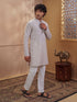 Men's Beige Cotton Embroidered Thigh Length Kurta With Pyjama