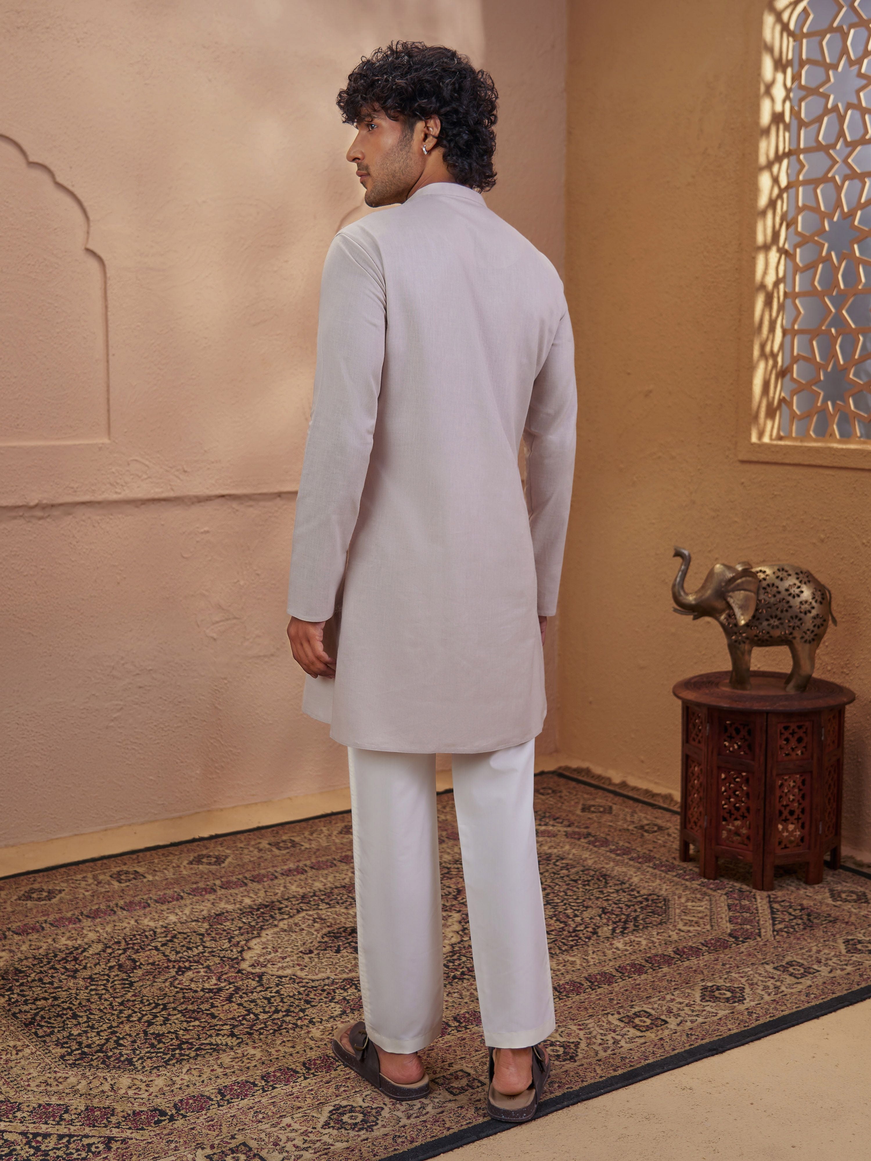 Men's Beige Cotton Embroidered Thigh Length Kurta With Pyjama