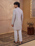 Men's Beige Cotton Embroidered Thigh Length Kurta With Pyjama