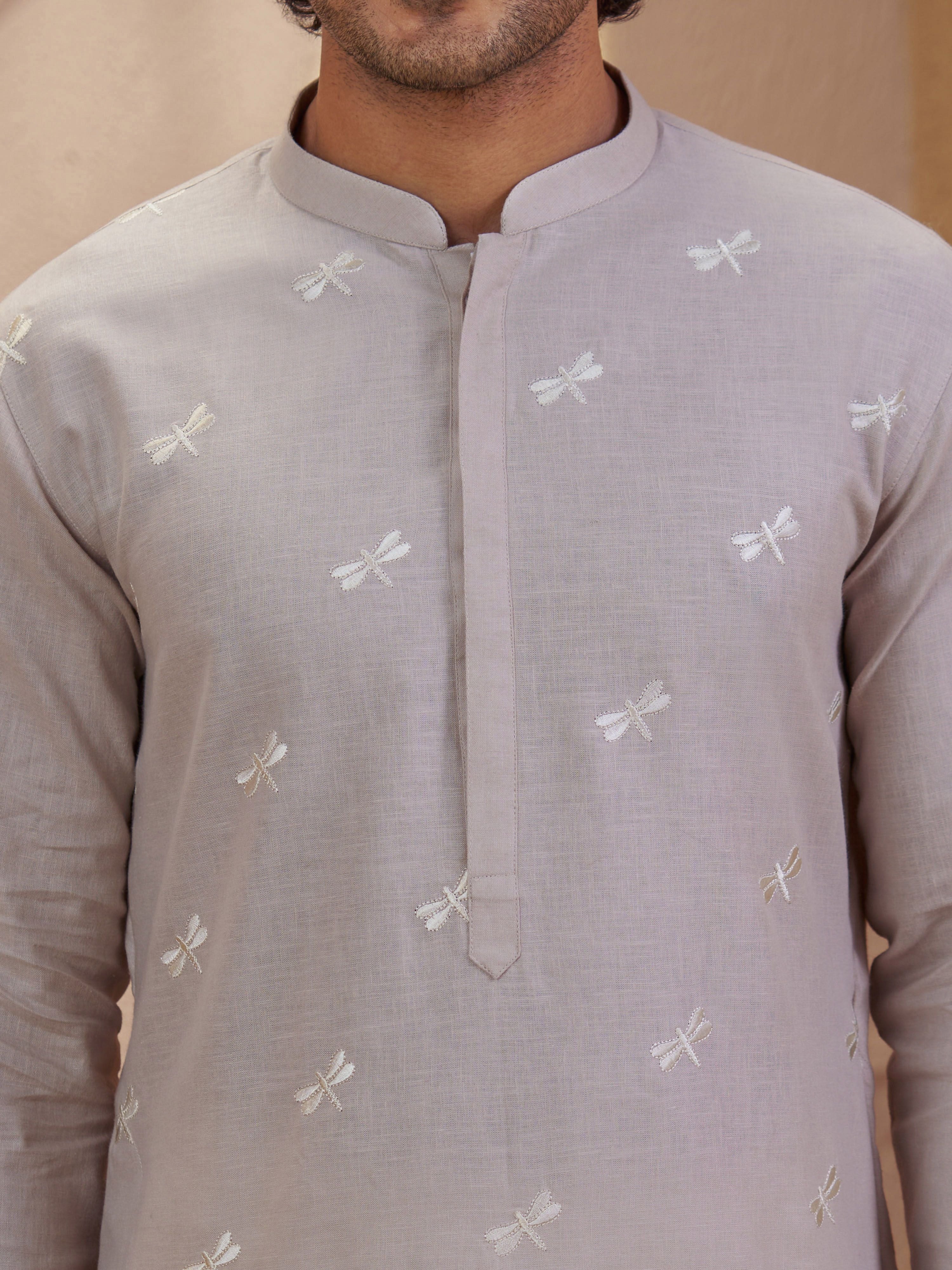 Men's Beige Woven Fabric Embroidered Thigh Length Kurta With Wide Leg Pant