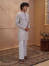 Men's Beige Woven Fabric Embroidered Thigh Length Kurta With Wide Leg Pant