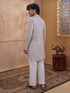 Men's Beige Woven Fabric Embroidered Thigh Length Kurta With Wide Leg Pant