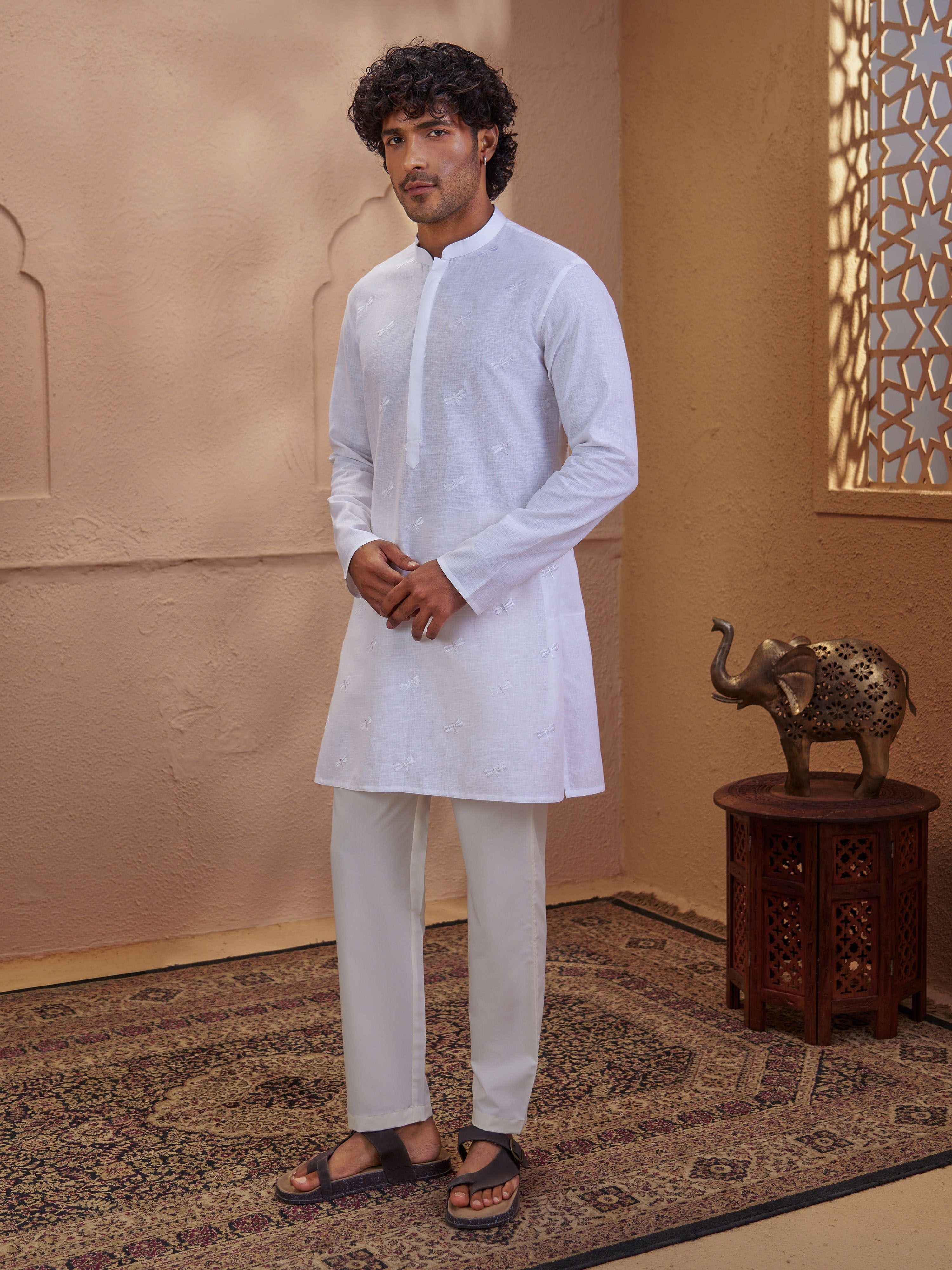 Men's White Cotton Embroidered Thigh Length Kurta With Pyjama