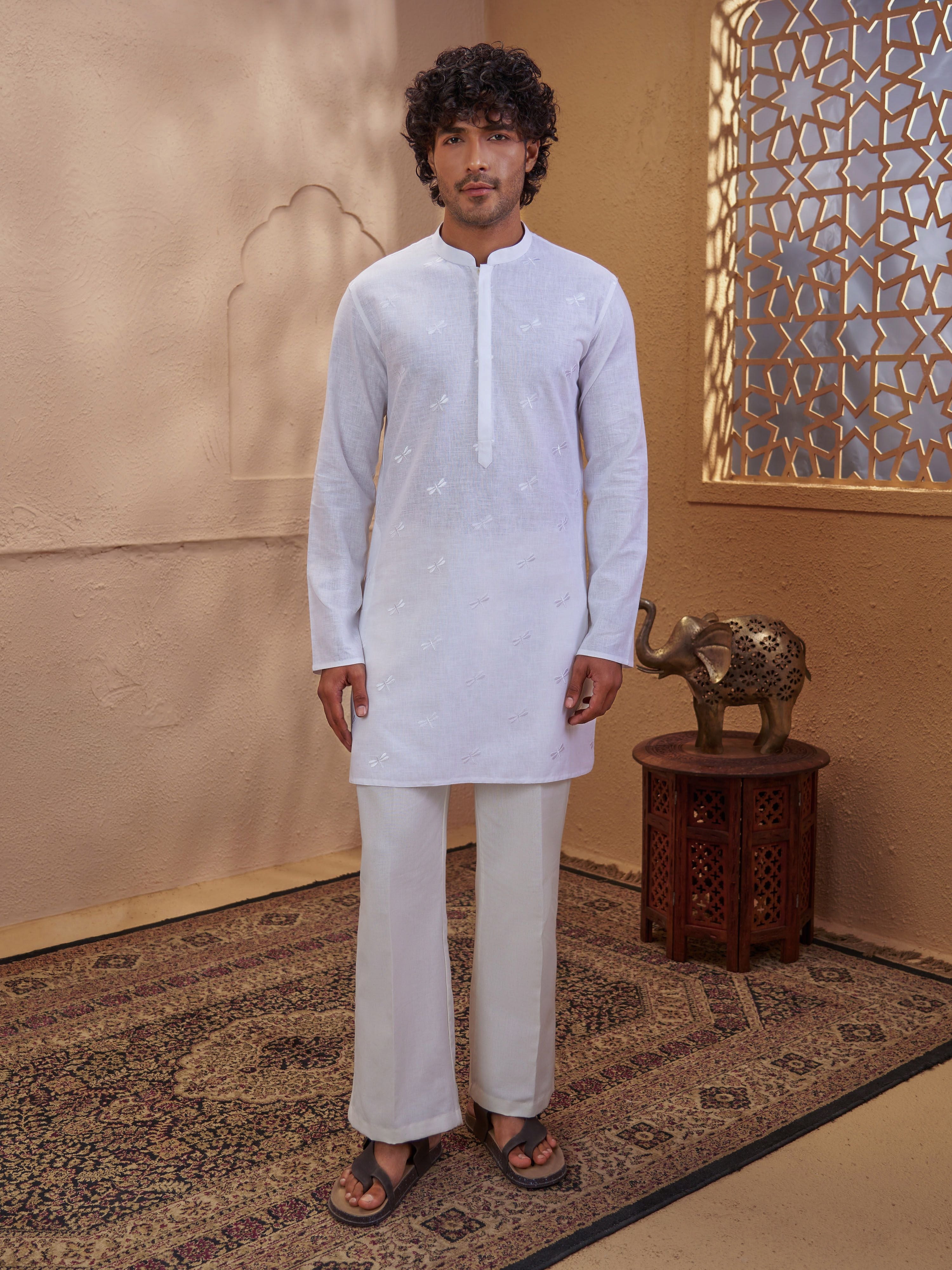 Men's White Woven Fabric Embroidered Thigh Length Kurta With Wide Leg Pant