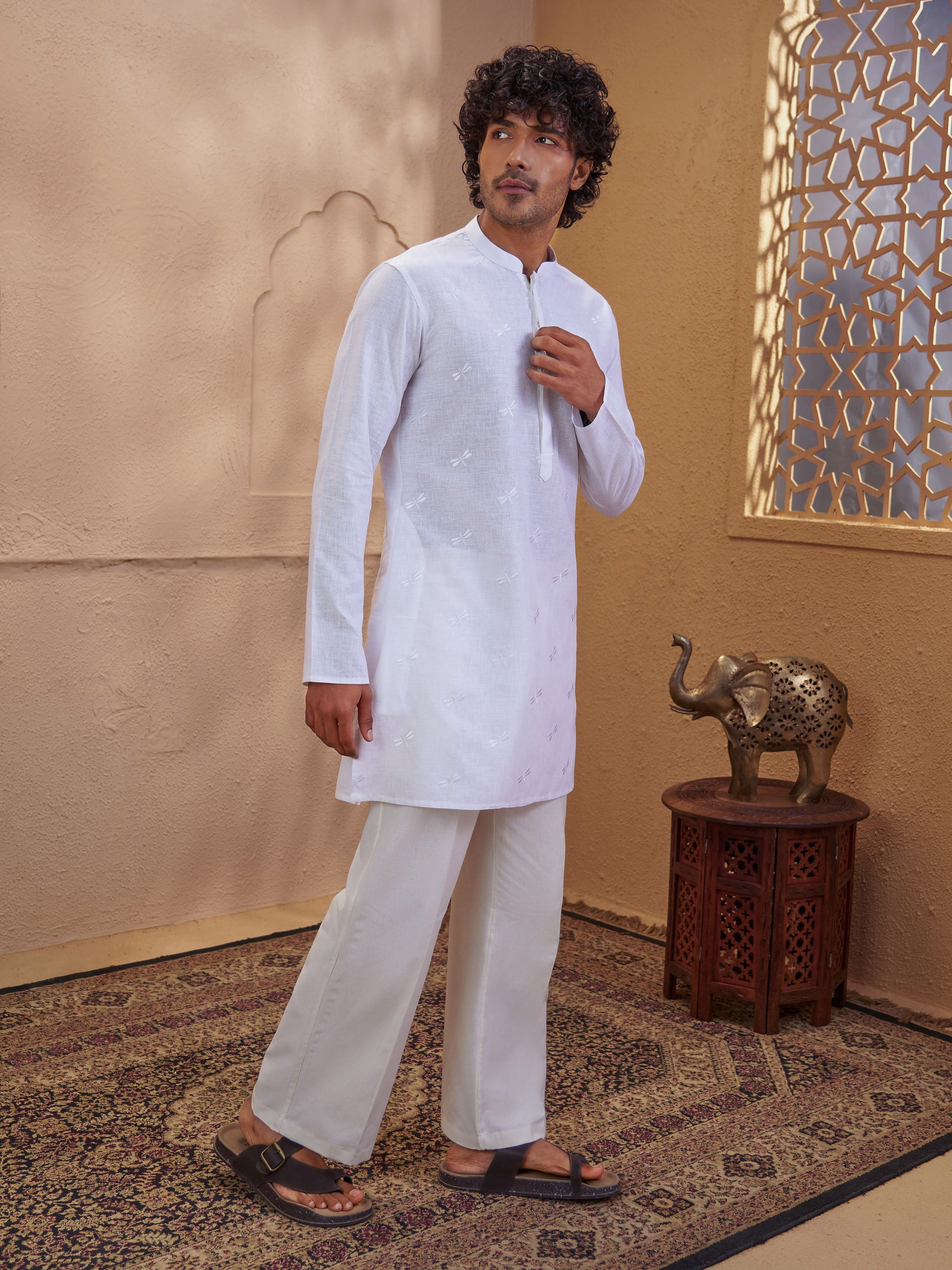 Men's White Woven Fabric Embroidered Thigh Length Kurta With Wide Leg Pant