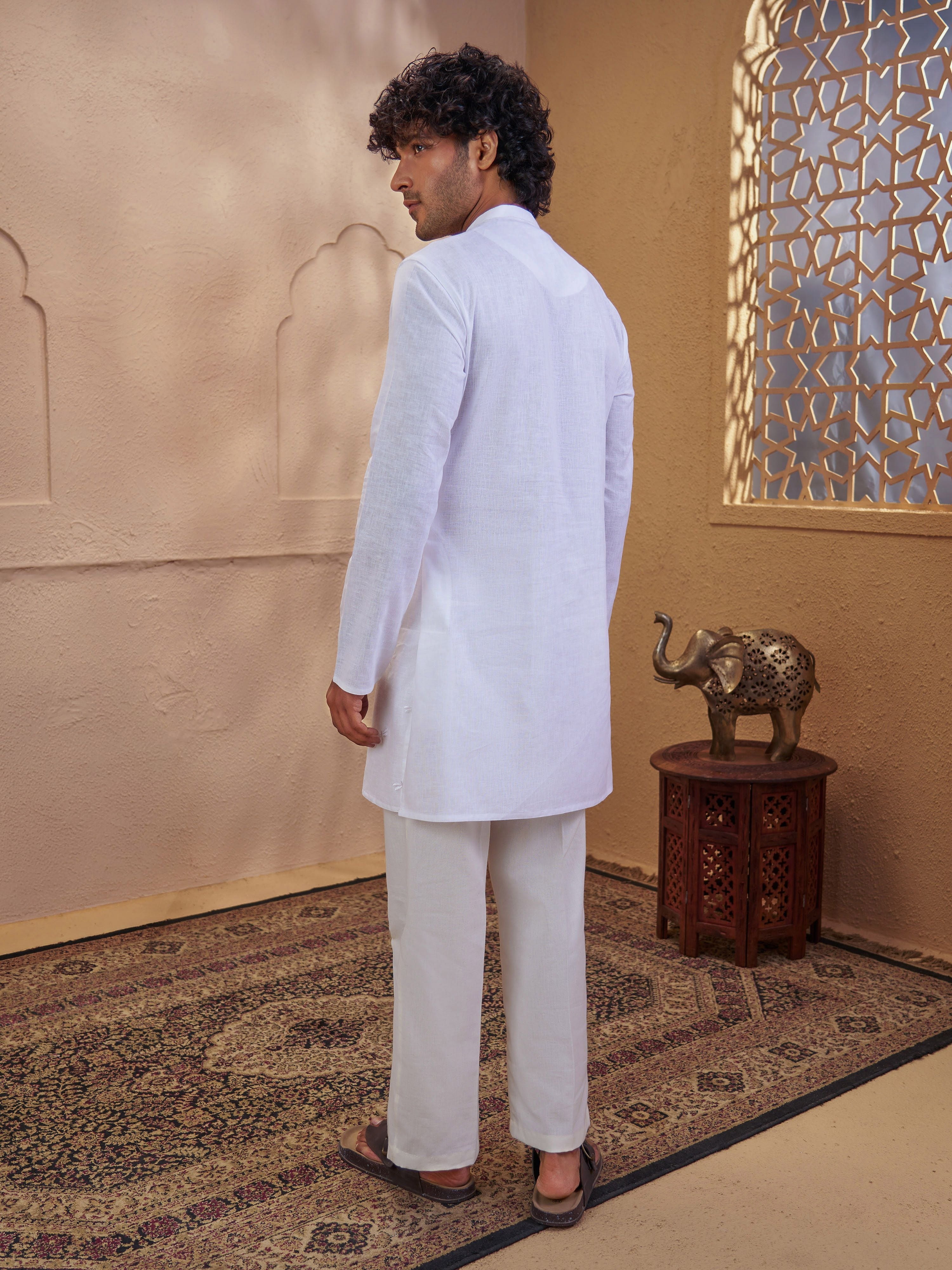 Men's White Woven Fabric Embroidered Thigh Length Kurta With Wide Leg Pant
