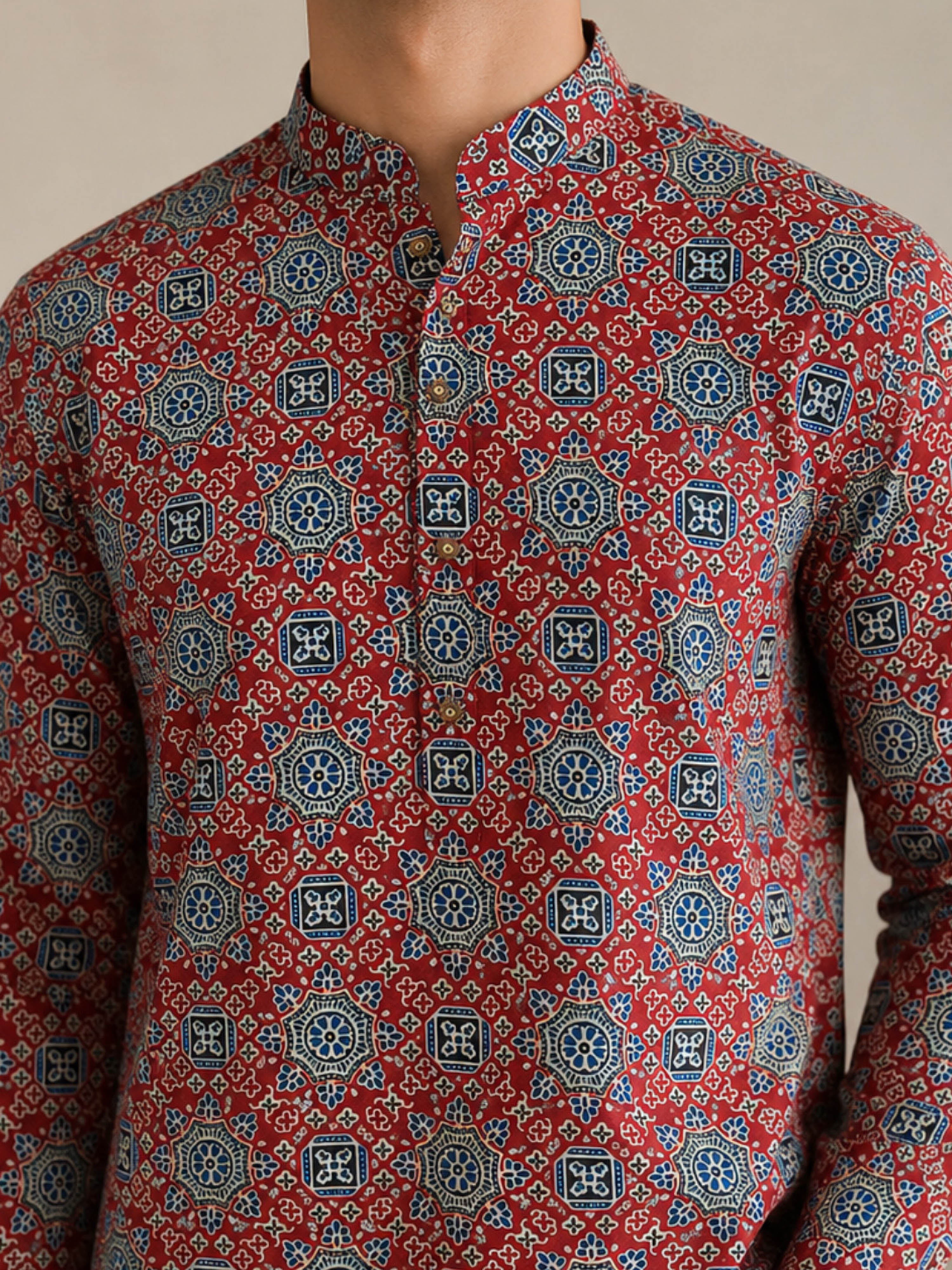 VASTRAMAY Men Red Ajrak Print Cotton Straight Kurta