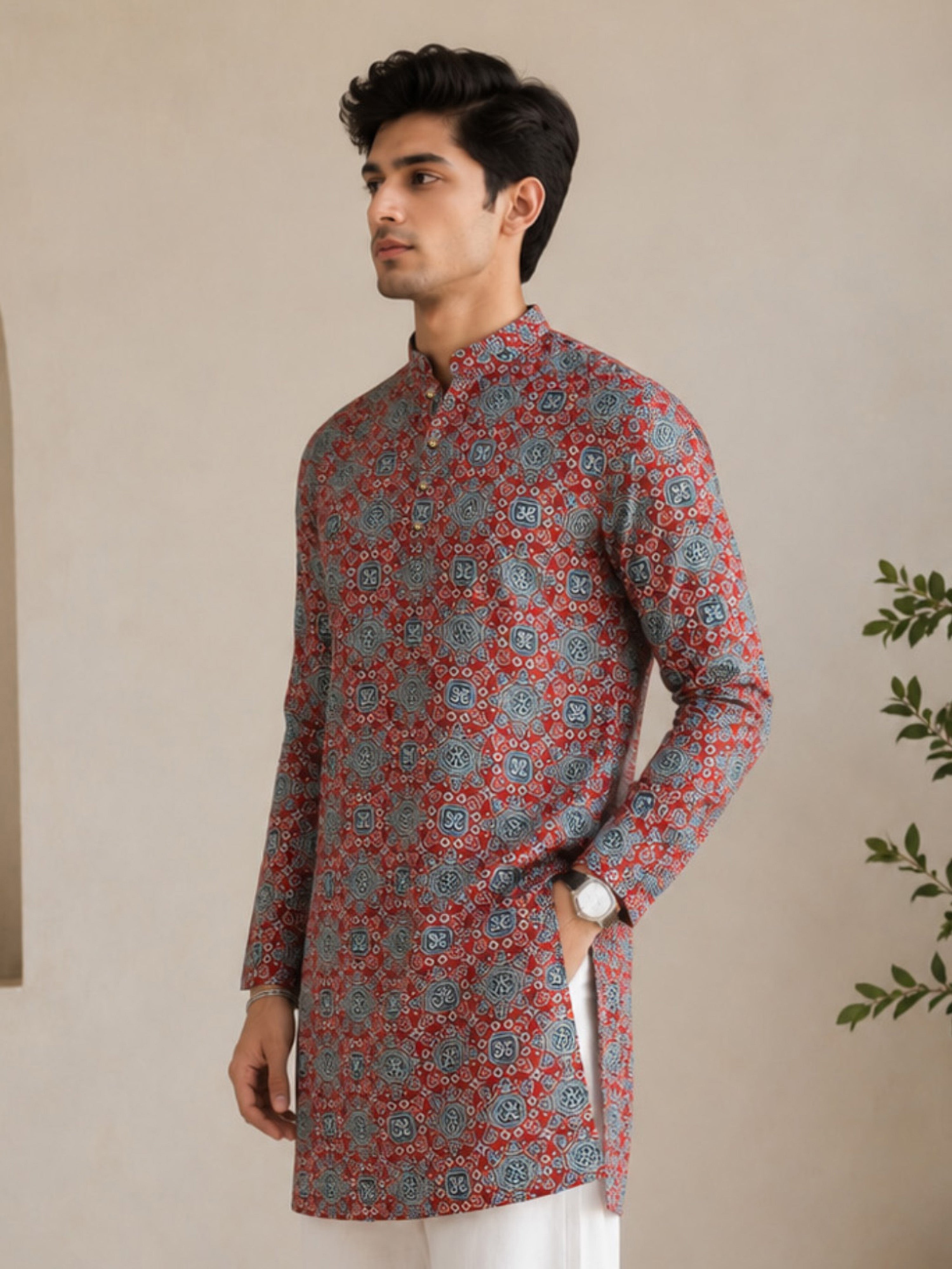 VASTRAMAY Men Red Ajrak Print Cotton Straight Kurta