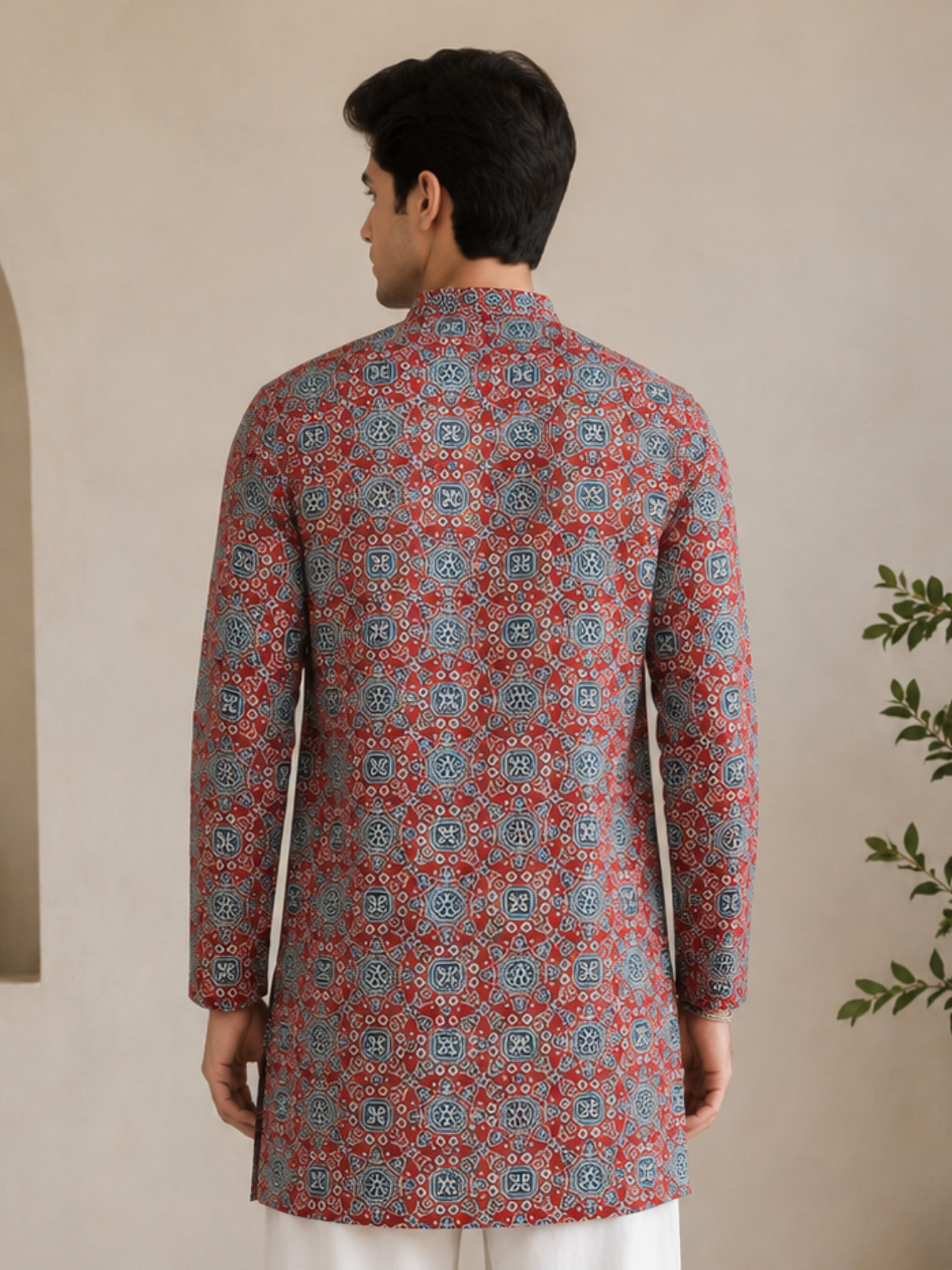 VASTRAMAY Men Red Ajrak Print Cotton Straight Kurta