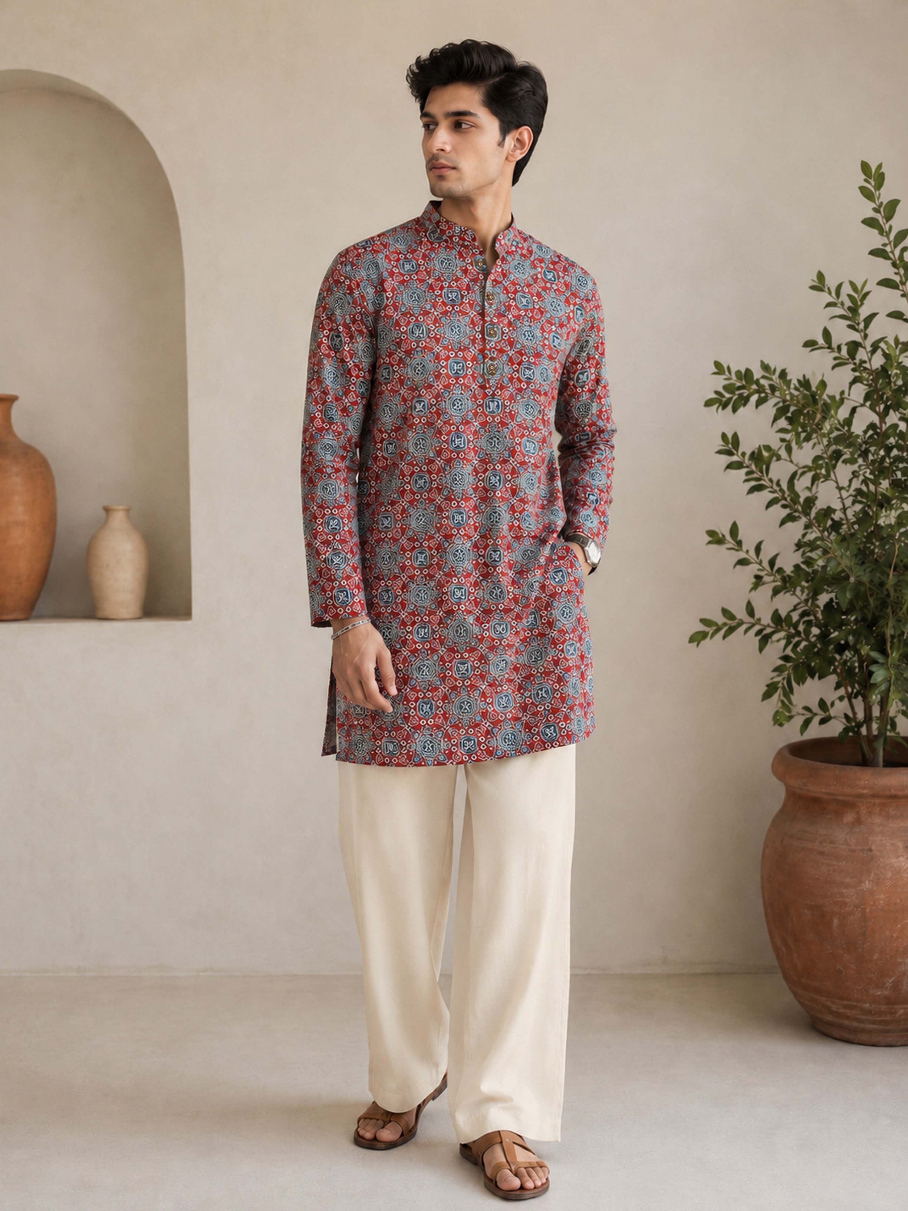 VASTRAMAY Men Red Ajrak Print Cotton Straight Kurta