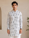Vastramay Men White Cotton Ikkat Print Mandarin Collar Mid-Length Kurta