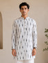Vastramay Men White Cotton Ikkat Print Mandarin Collar Mid-Length Kurta
