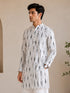 Vastramay Men White Cotton Ikkat Print Mandarin Collar Mid-Length Kurta