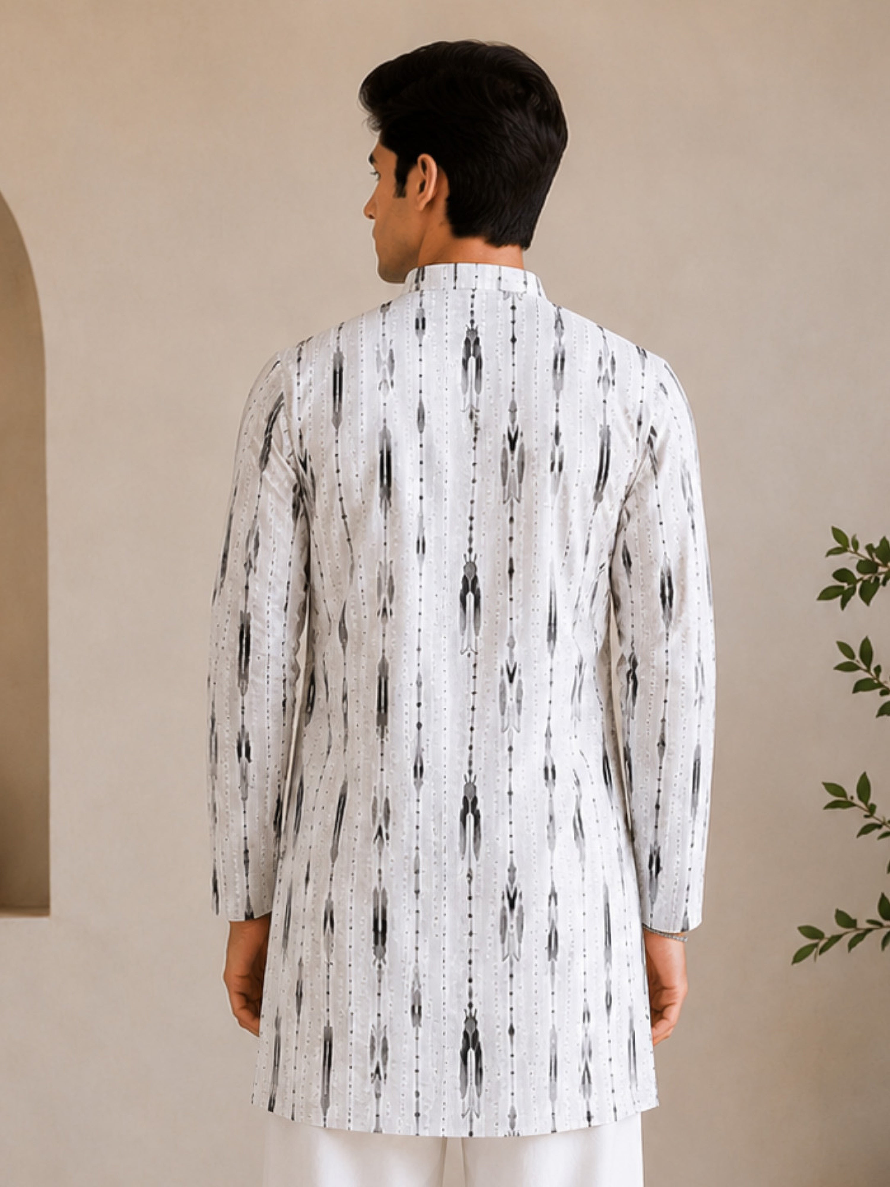 Vastramay Men White Cotton Ikkat Print Mandarin Collar Mid-Length Kurta
