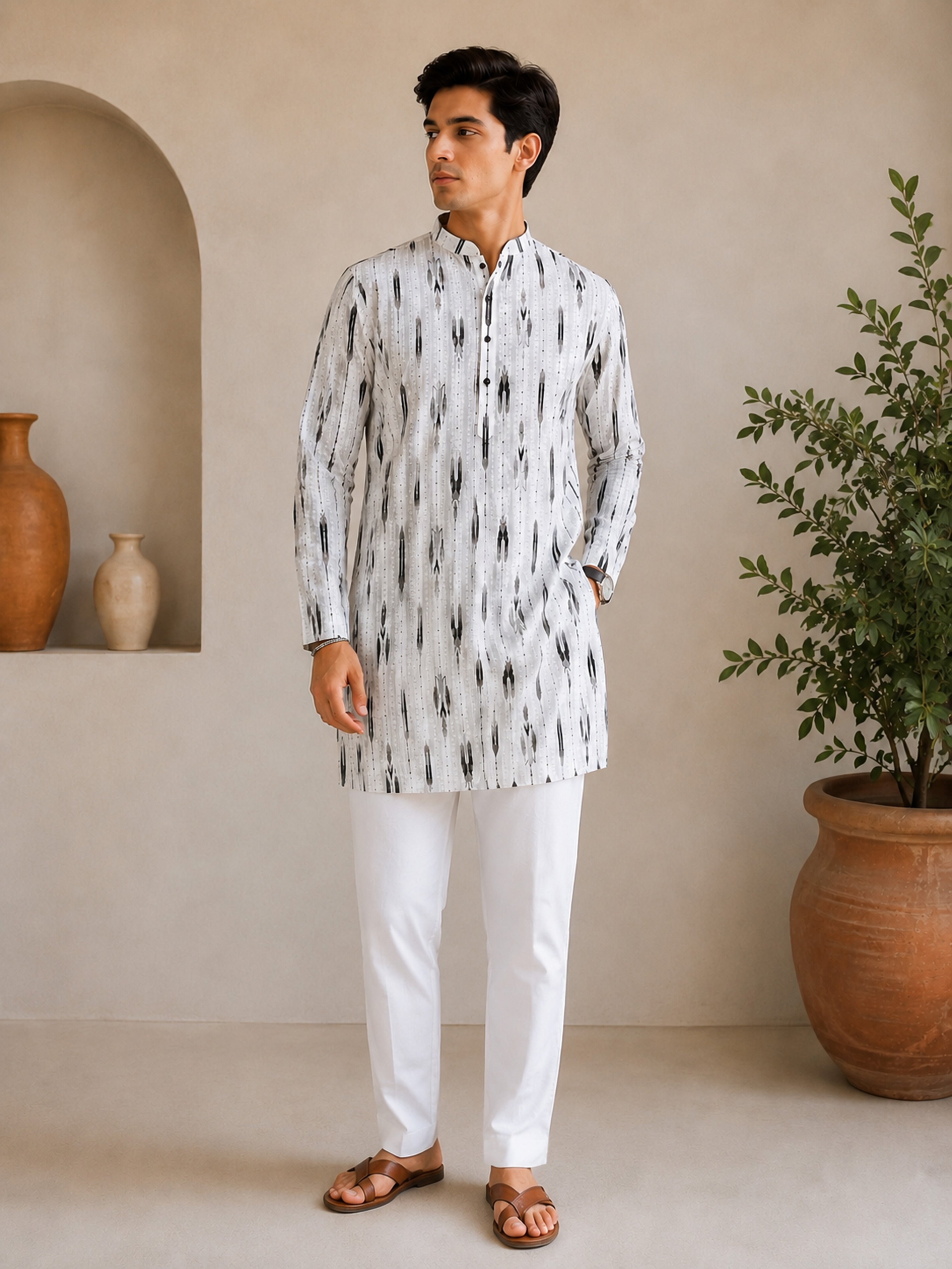 Vastramay Men White Ikkat Print Cotton Kurta Pyjama Set