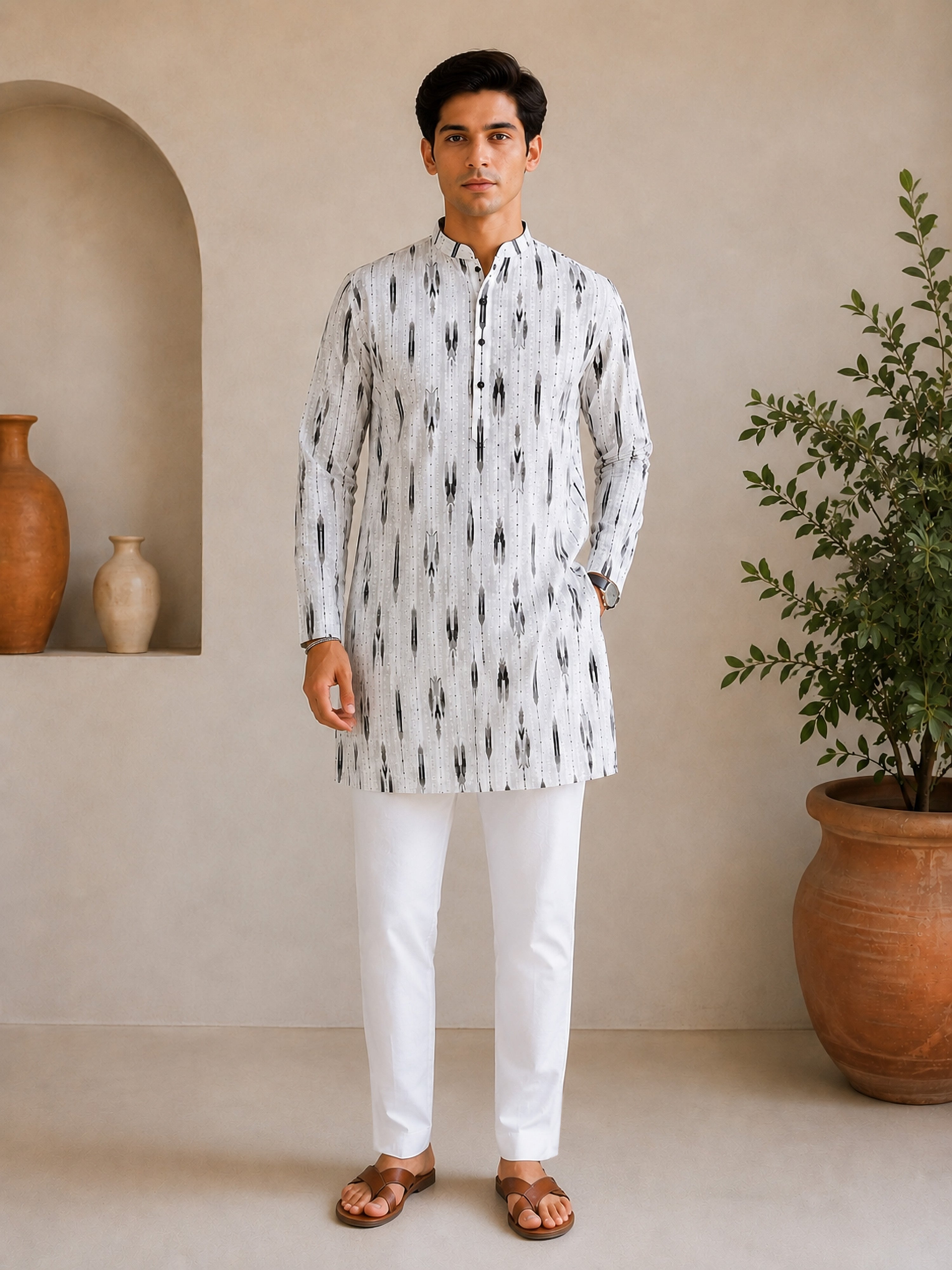 Vastramay Men White Ikkat Print Cotton Kurta Pyjama Set