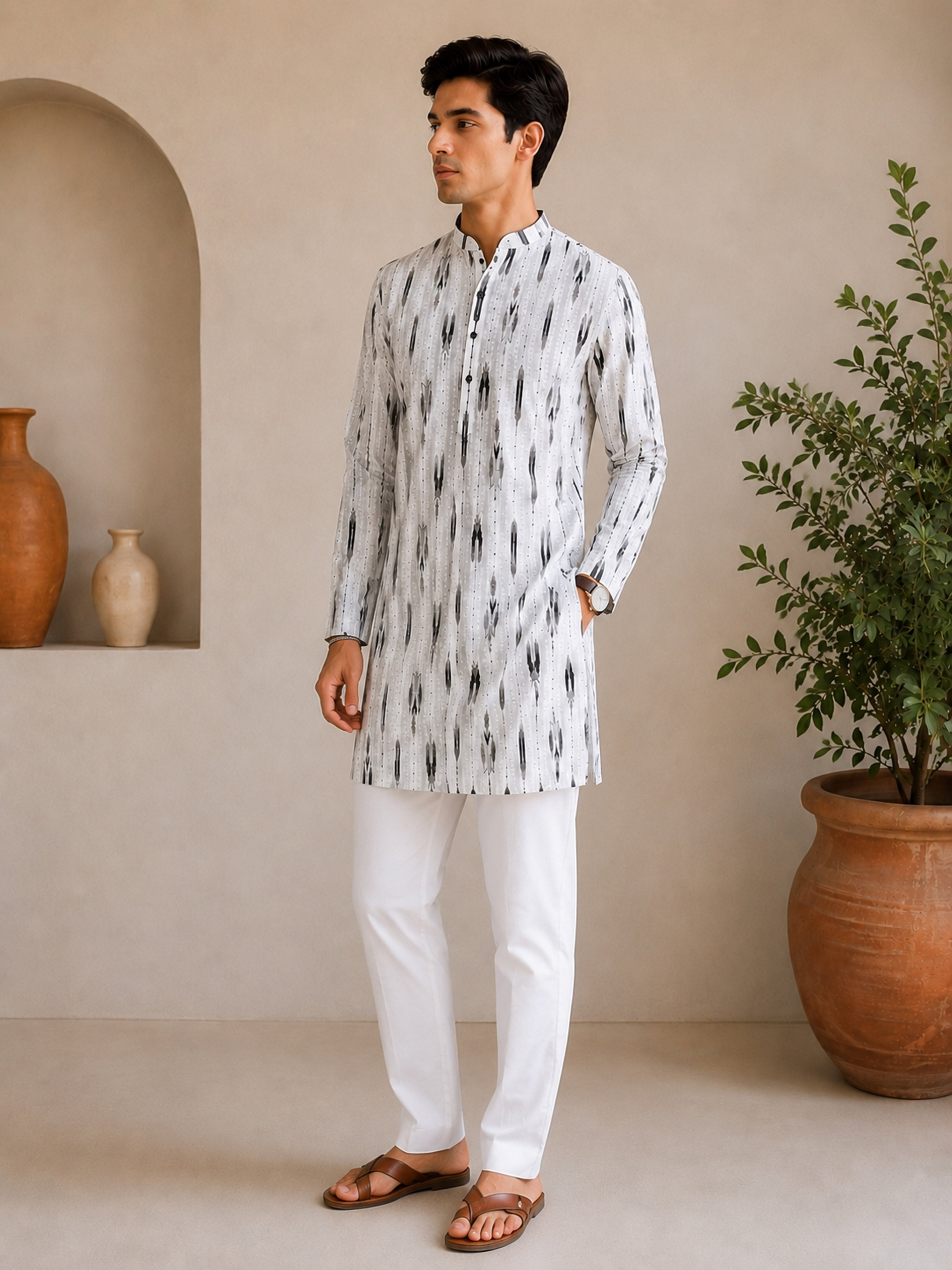 Vastramay Men White Ikkat Print Cotton Kurta Pyjama Set