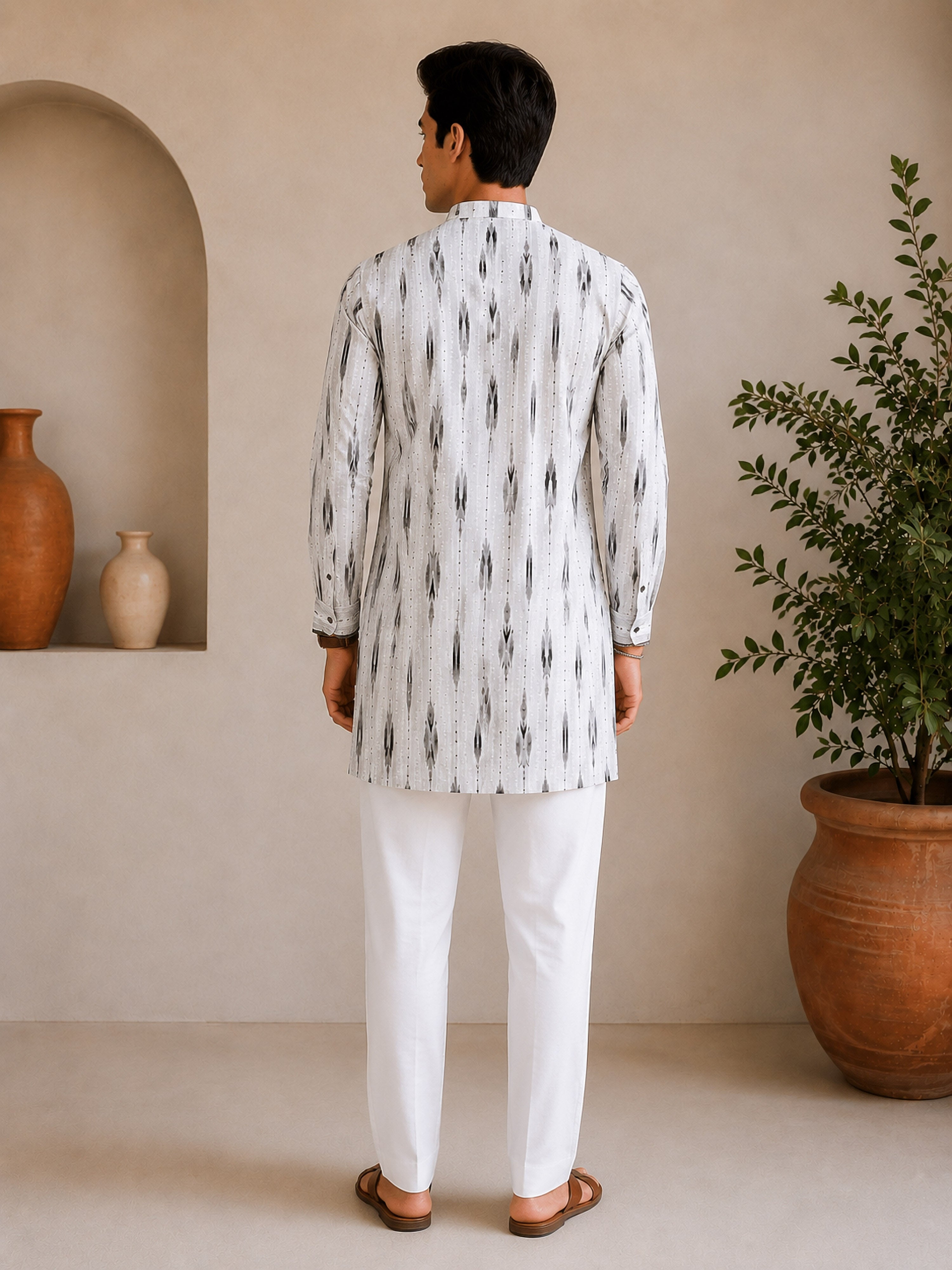 Vastramay Men White Ikkat Print Cotton Kurta Pyjama Set