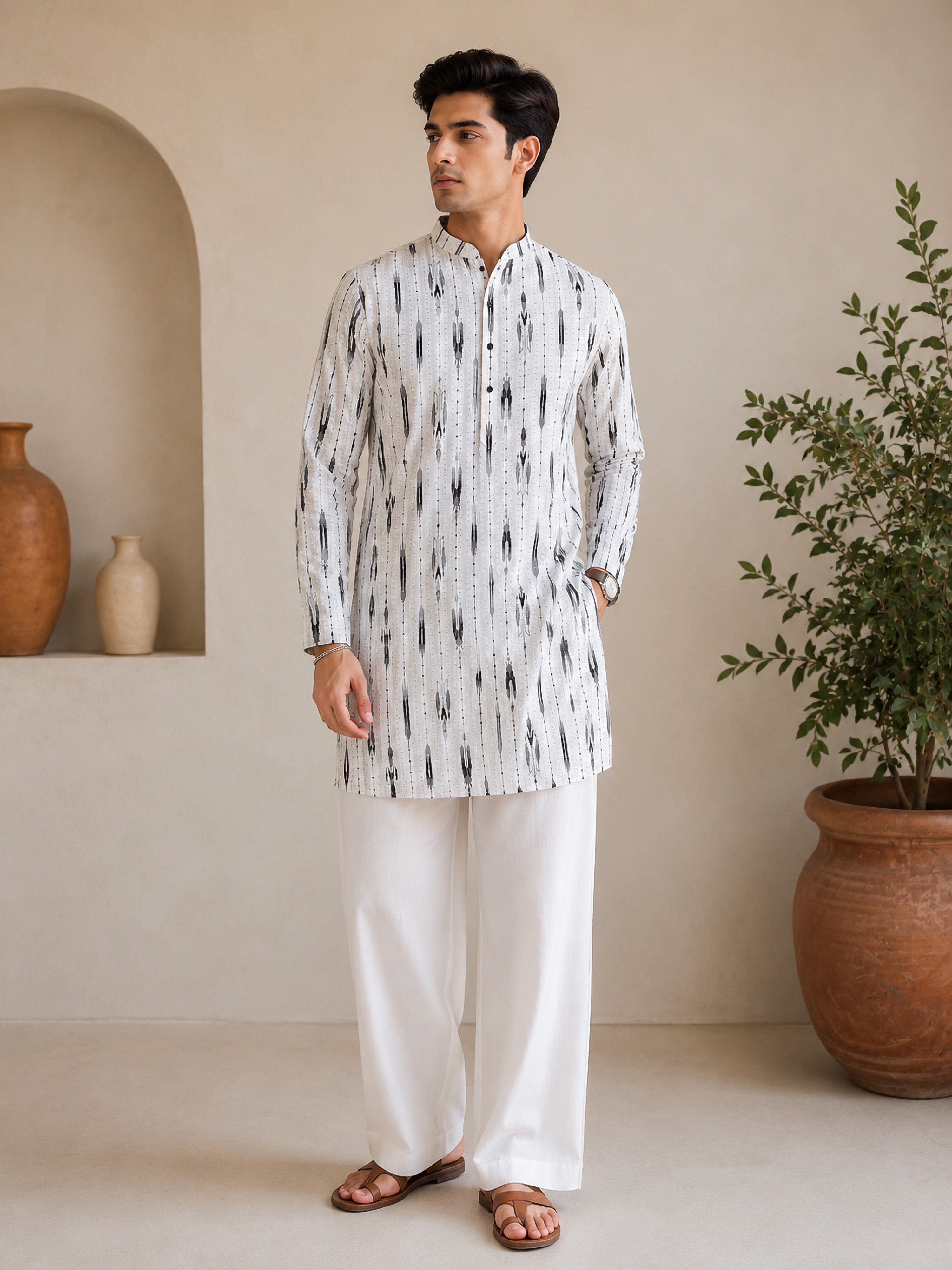 Vastramay Men White Ikkat Print Cotton Kurta with Wide-Leg Pant Set