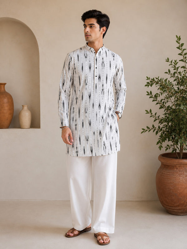 Vastramay Men White Ikkat Print Cotton Kurta with Wide-Leg Pant Set
