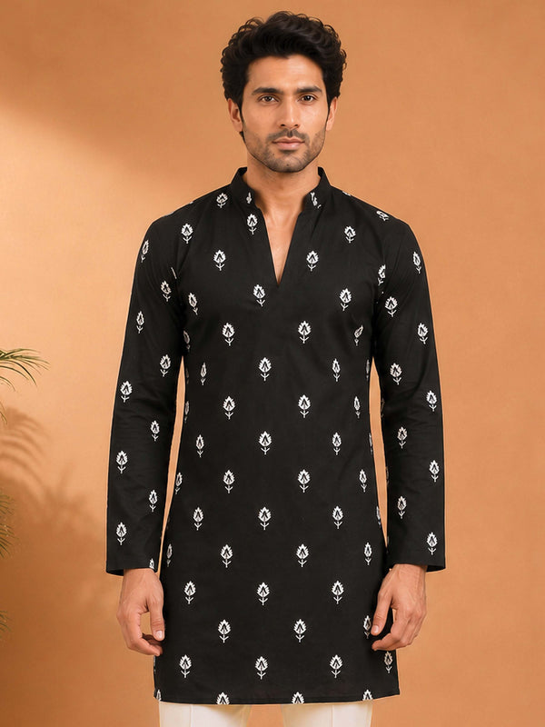 Men Black Viscose Embroidered Kurta with Mandarin Collar