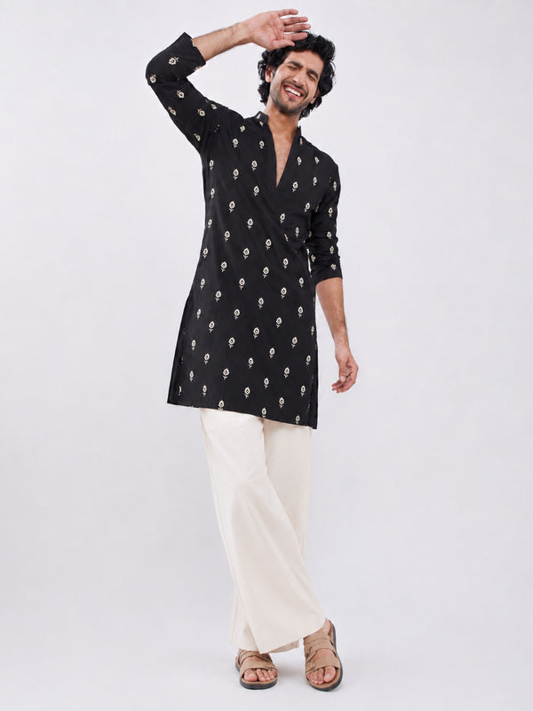 Black Silk-Blend Embroidered Kurta Pant Set for Men
