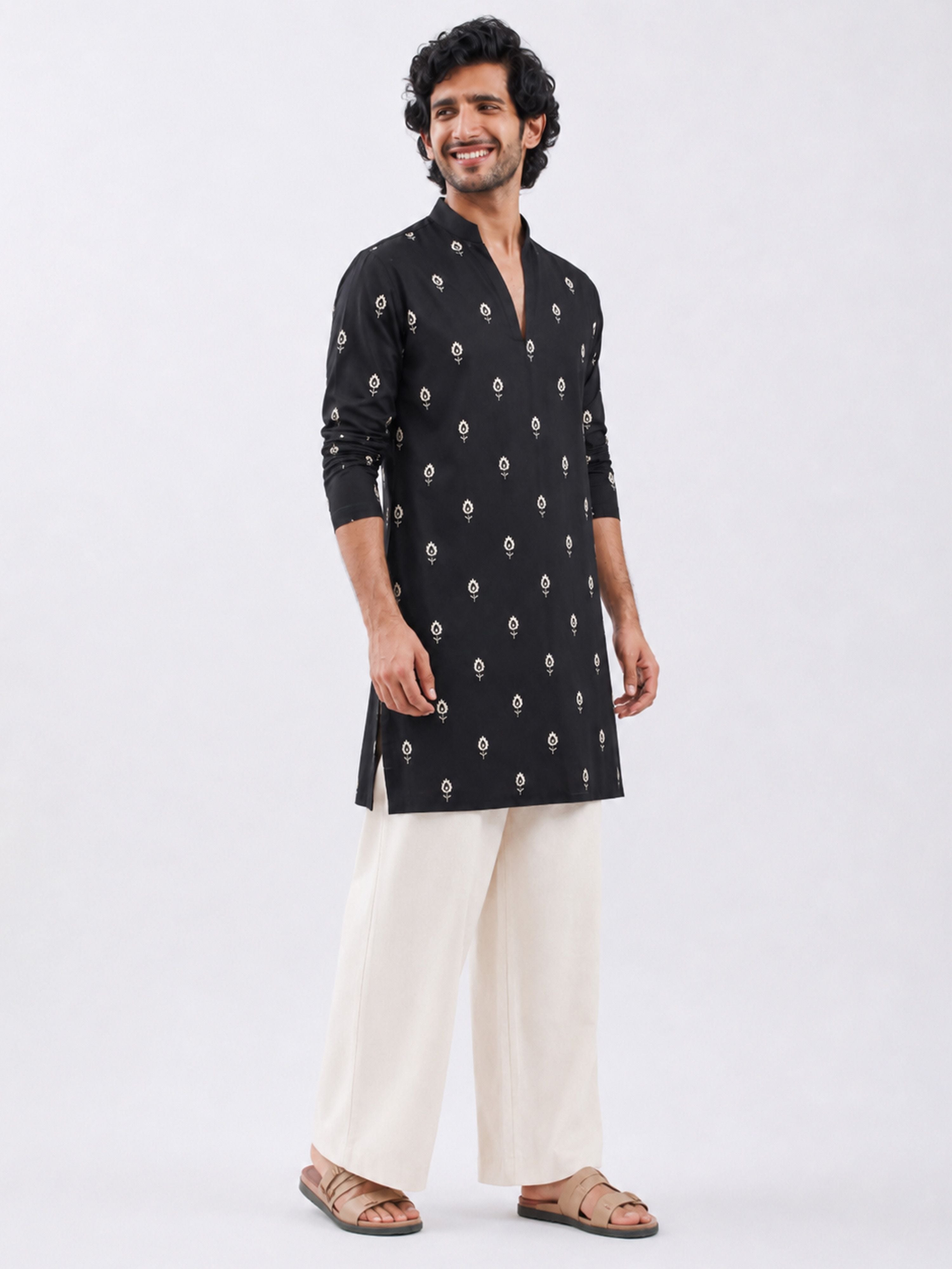 Men's Black Silk-Blend Embroidered Thigh Length Kurta With Wide Leg Pant