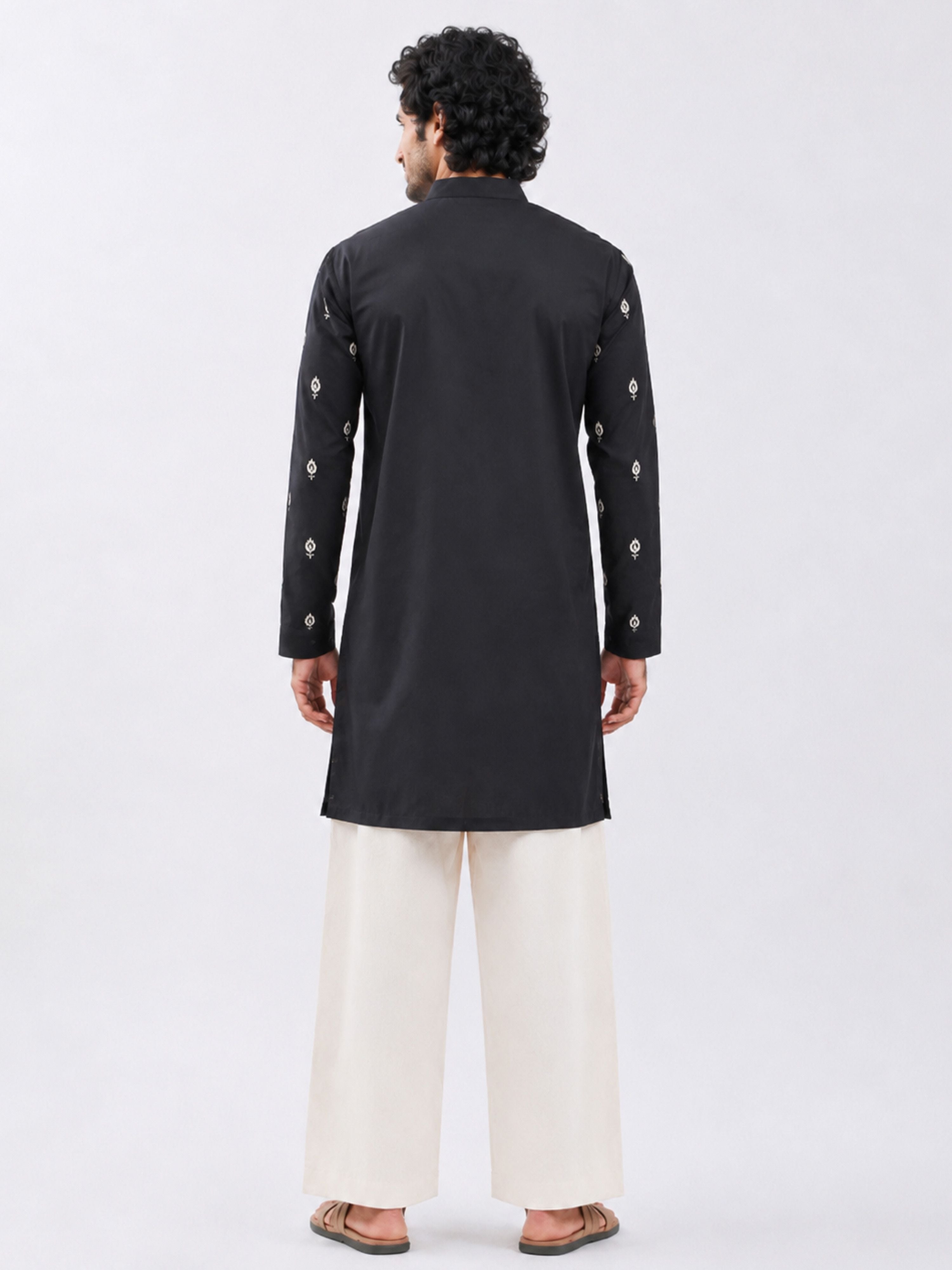 Men's Black Silk-Blend Embroidered Thigh Length Kurta With Wide Leg Pant